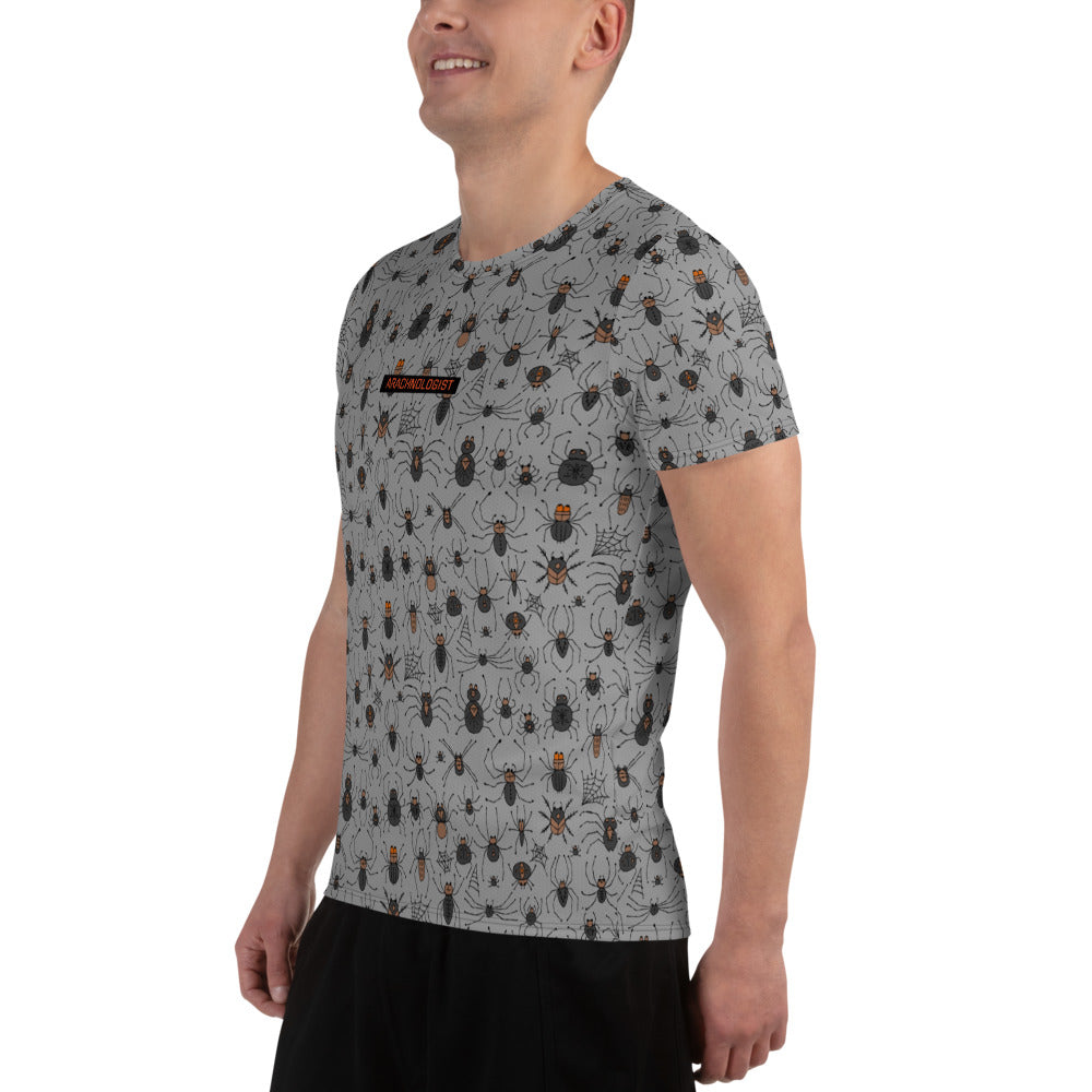 Arachnologist t-shirt all over print grey color with different spiders family. Left side