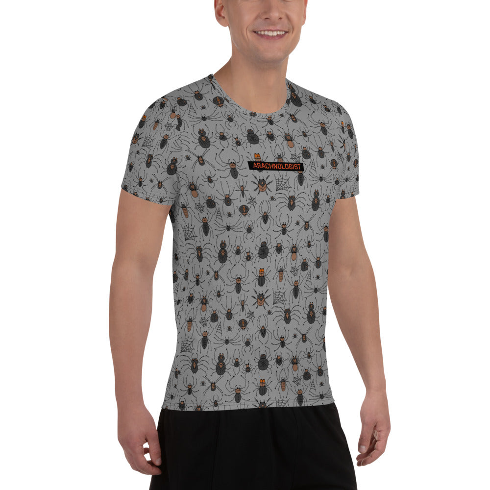 Arachnologist t-shirt all over print grey color with different spiders family. Right side