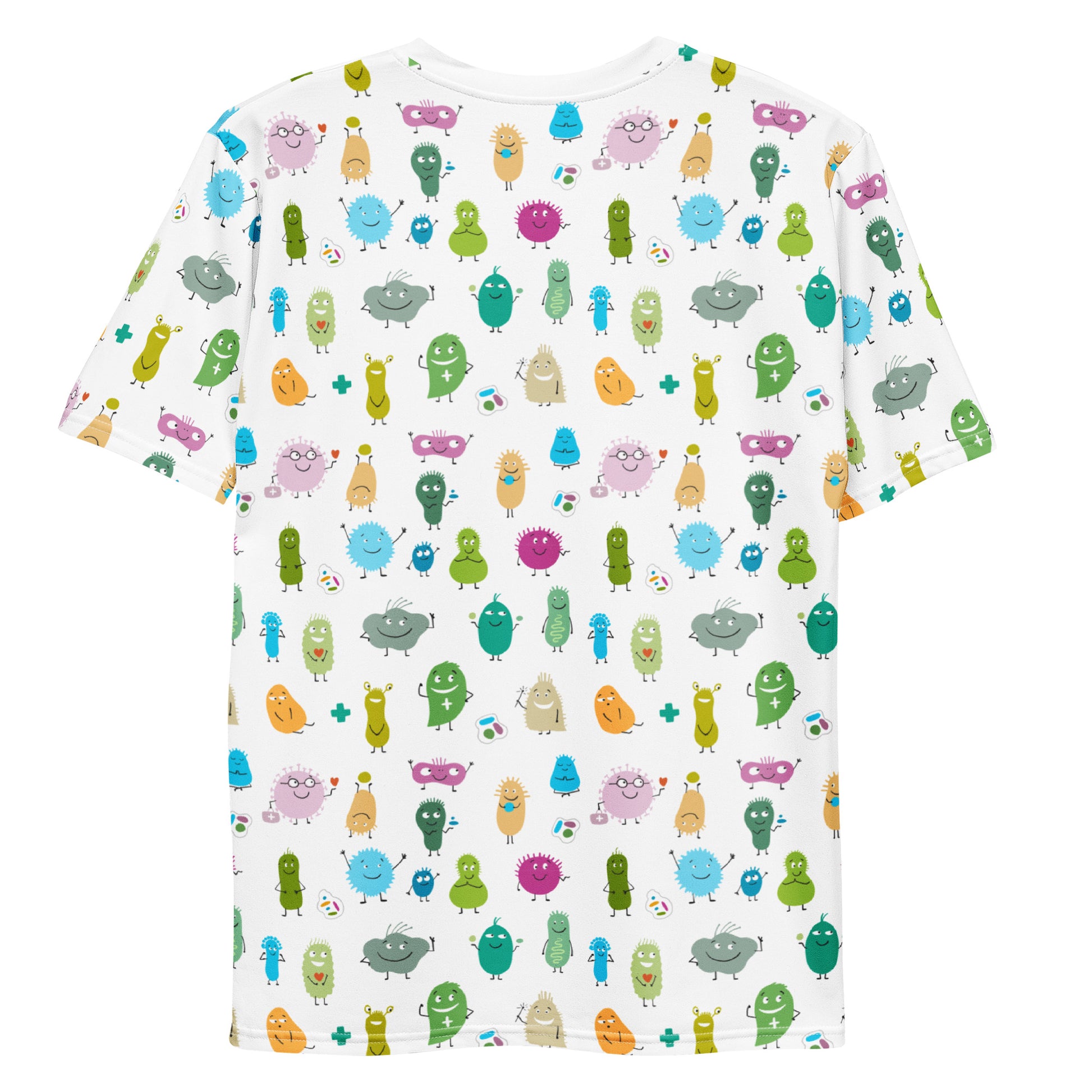 Men's t-shirt all over print white with funny viruses and bacteries print, Biology. Back view