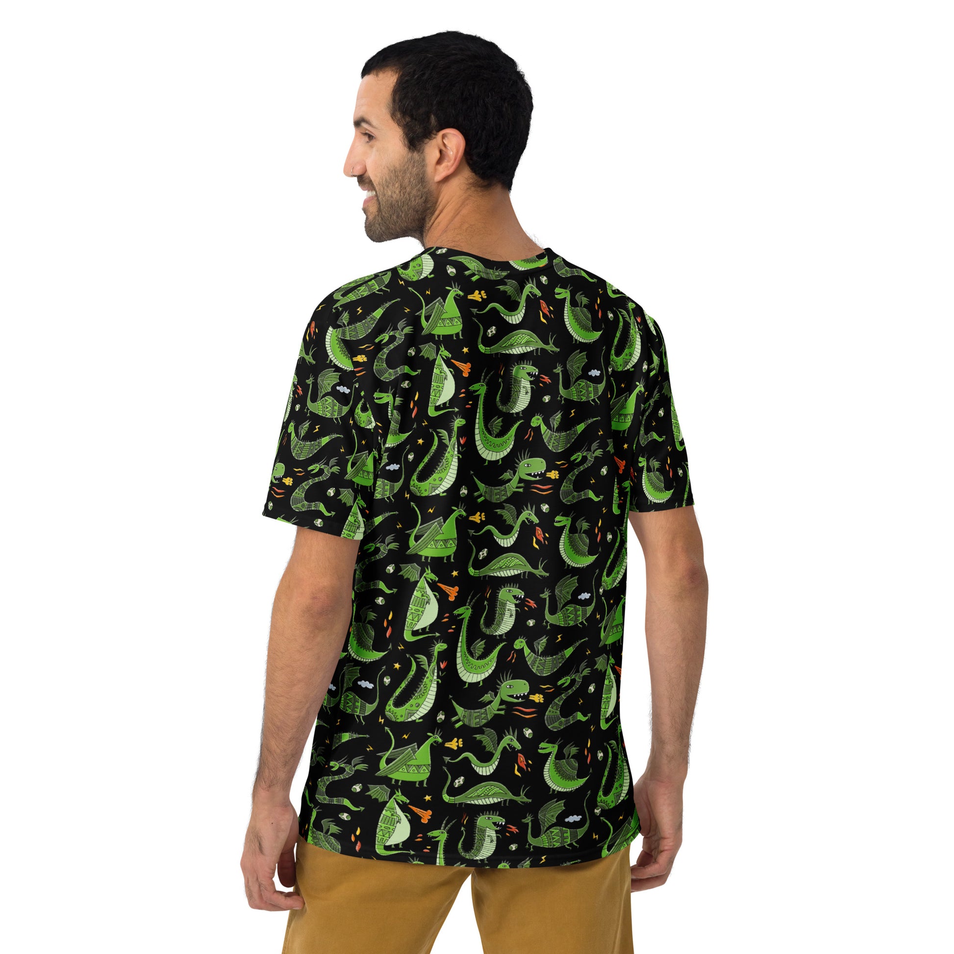 Men in t-shirt black color with funny green Dragons designer print for new year 2024. Back side