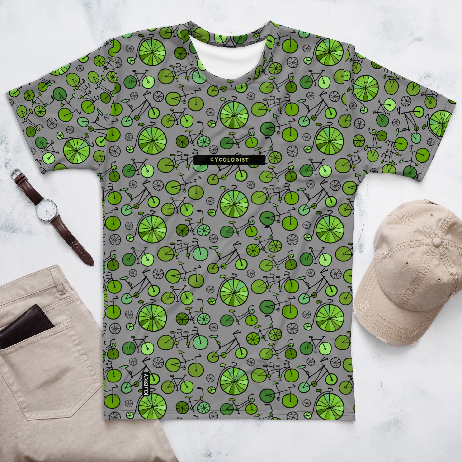 Men's t-shirt with green bicycles collection on grey and personalised text (basic text - Cyclogist)
