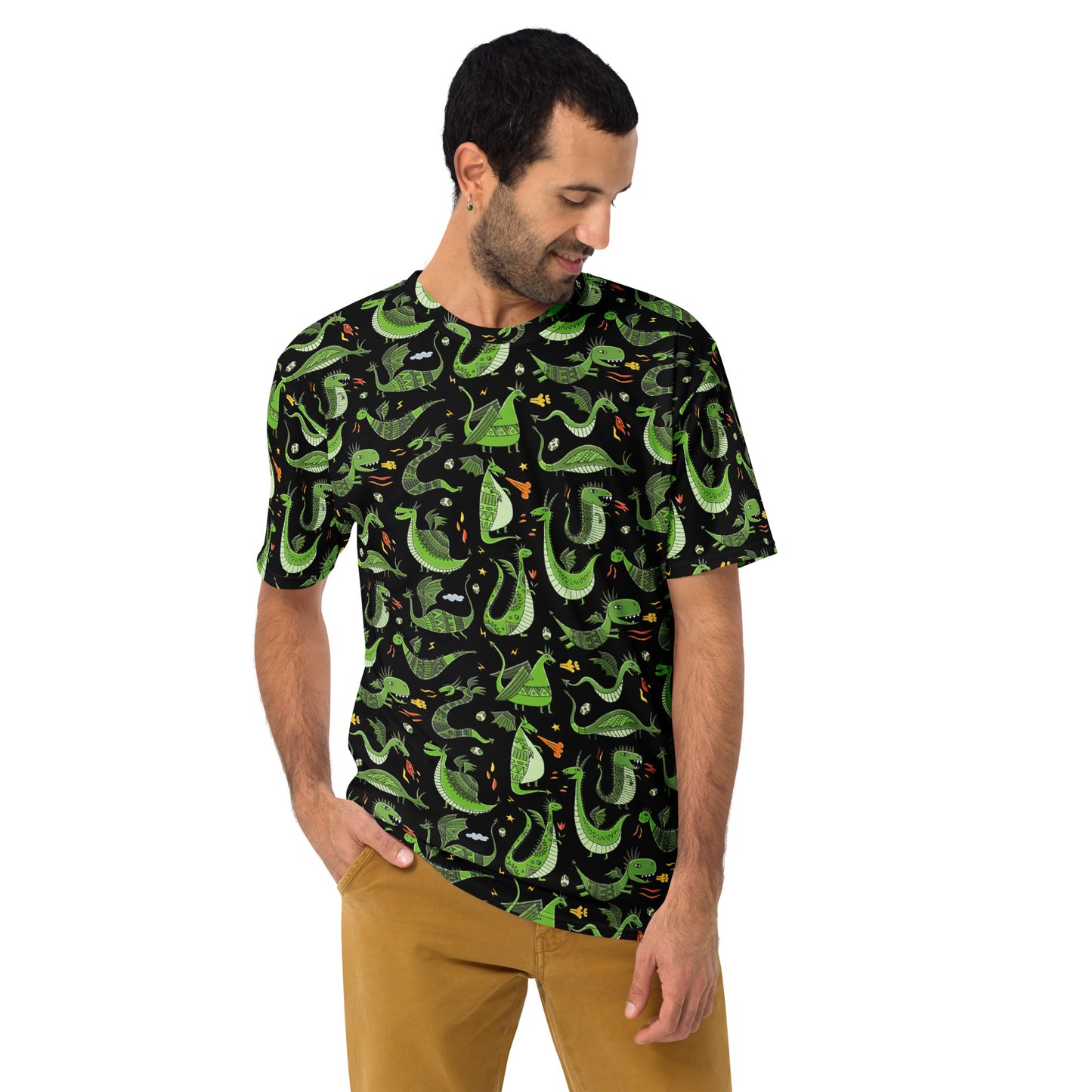 Men in t-shirt black color with funny green Dragons designer print for new year 2024