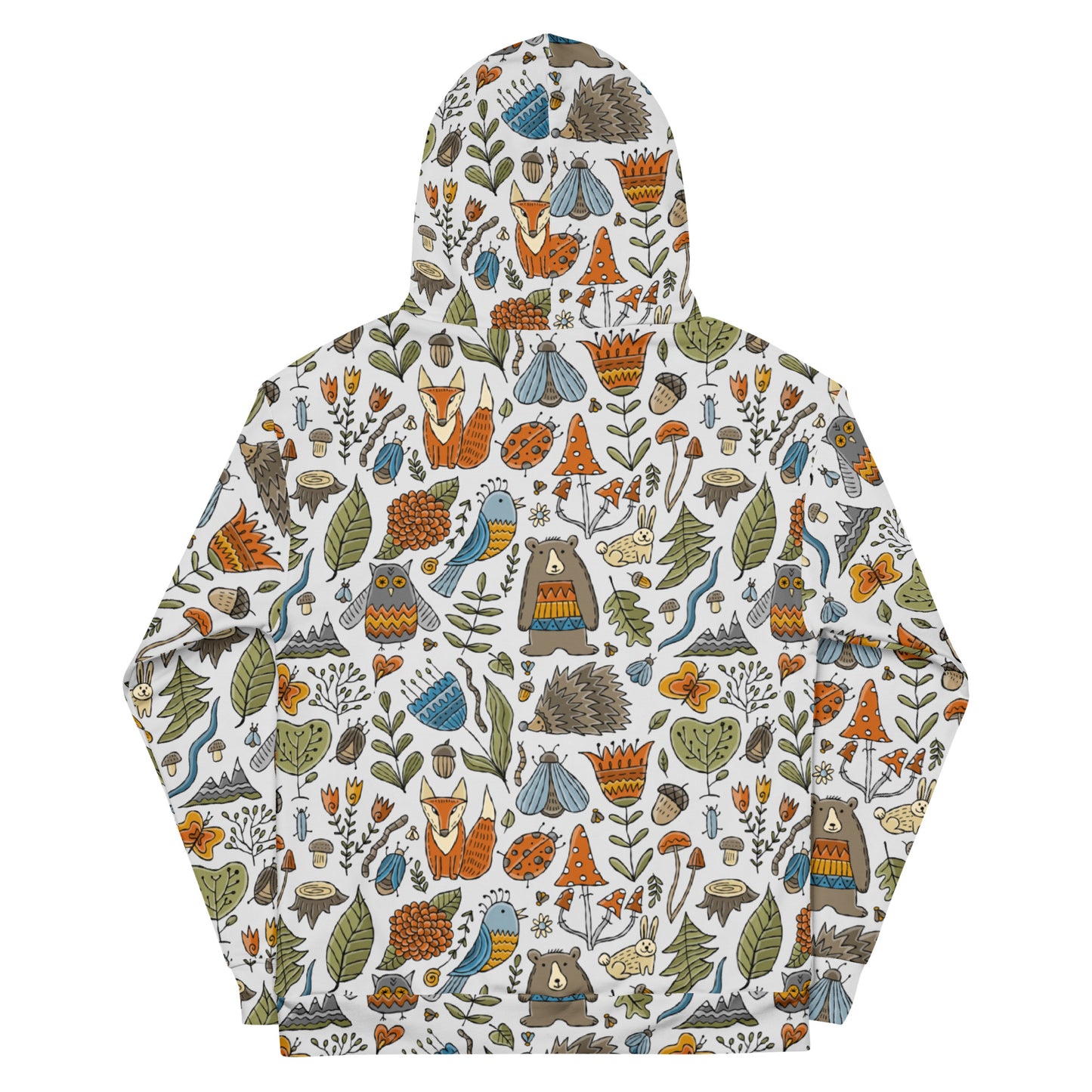 Artistic Designer Hoodie all over print vintage style with magic world illustration of forest  - animals and birds flowers and nature bear fox owls butterflies hedgehog insects mashrooms and trees. Festival comfortable stylish wear trendy fashionable rare beautiful unique. Back side. Kudry