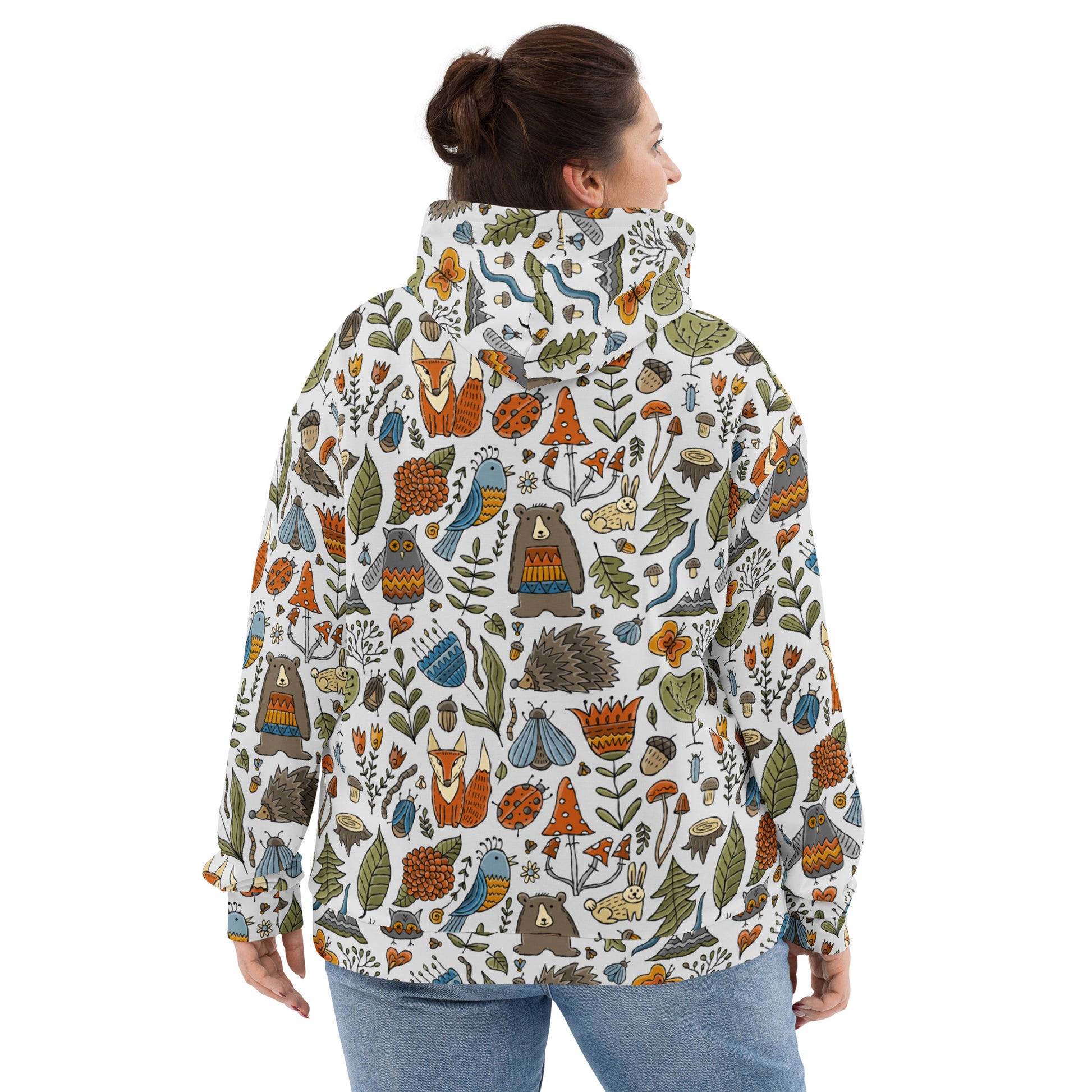 Woman wear in Artistic Designer Hoodie all over print vintage style with magic world illustration of forest - animals and birds flowers and nature bear fox owls butterflies hedgehog insects mashrooms and trees. Festival comfortable stylish wear trendy fashionable rare beautiful unique. Big size, back side. Kudry