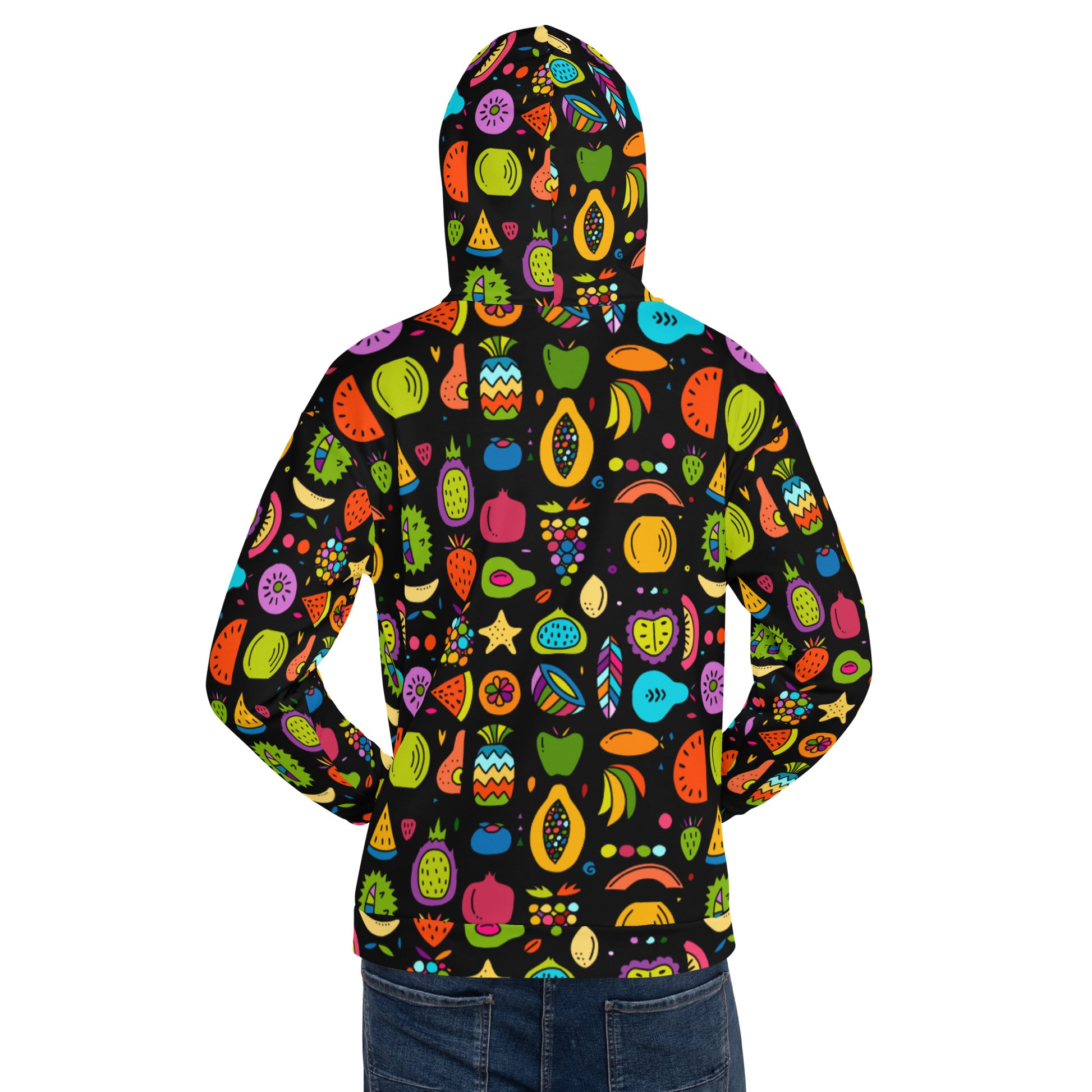Man in Pomologist Unisex Hoodie black with colorful fruits. Back side