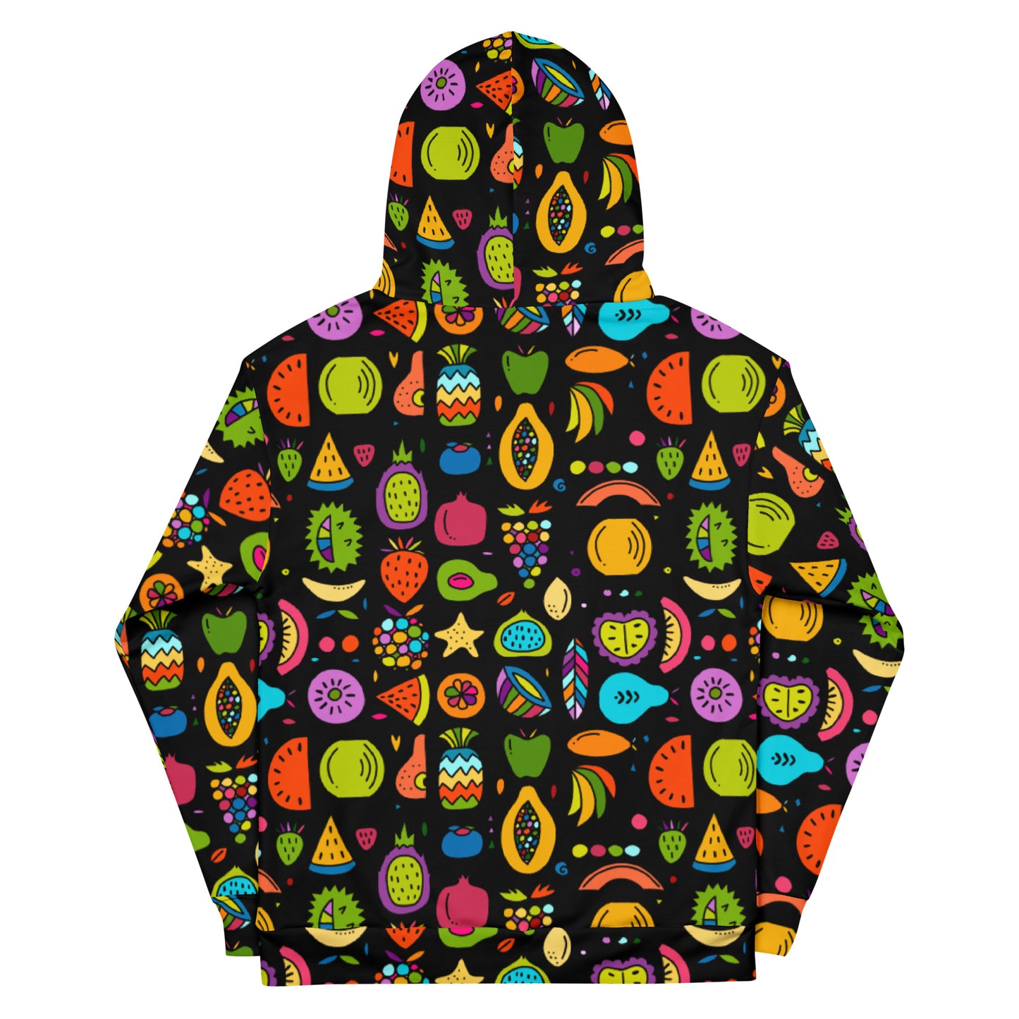 Pomologist Unisex Hoodie black with colorful fruits. Back side