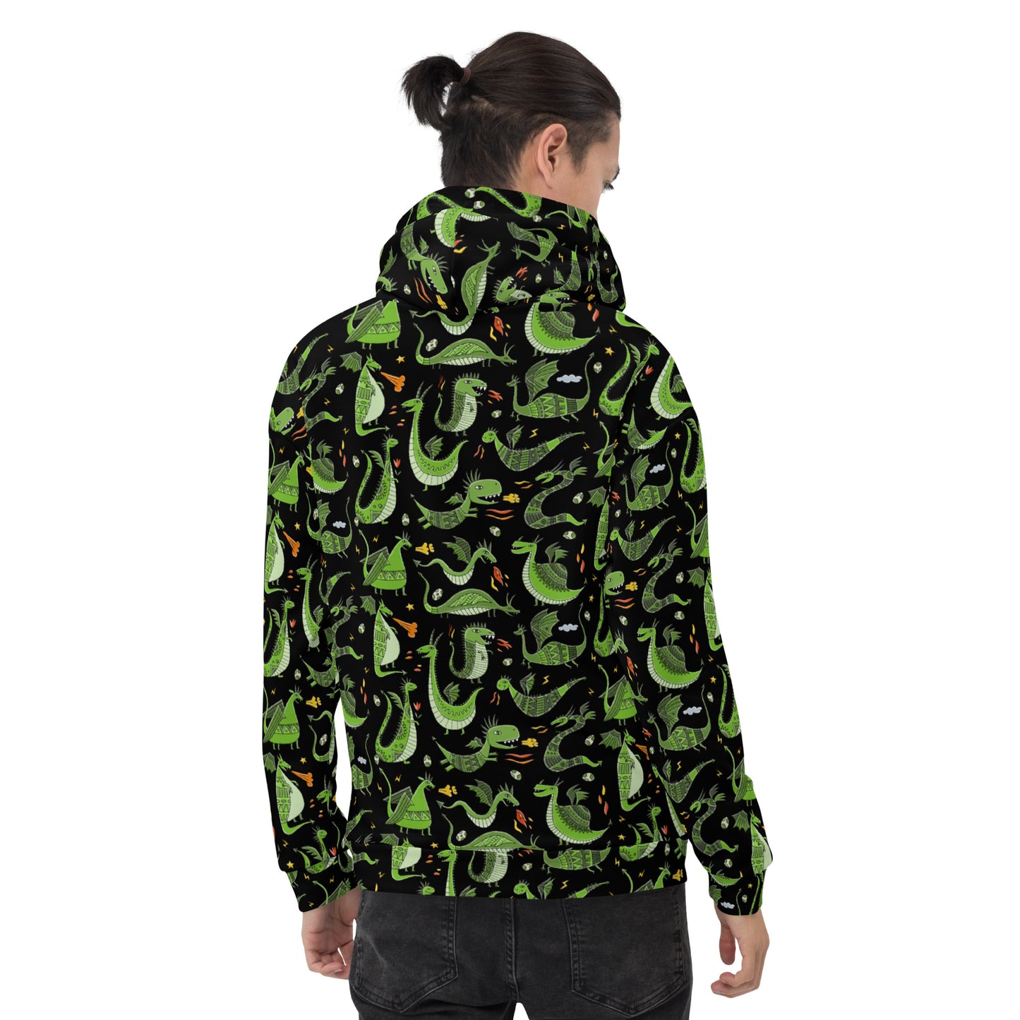 Men wearing in All over print Hoodie Unisex black color and red hood with Funny Green Dragons designer print - symbol of 2024. Back view