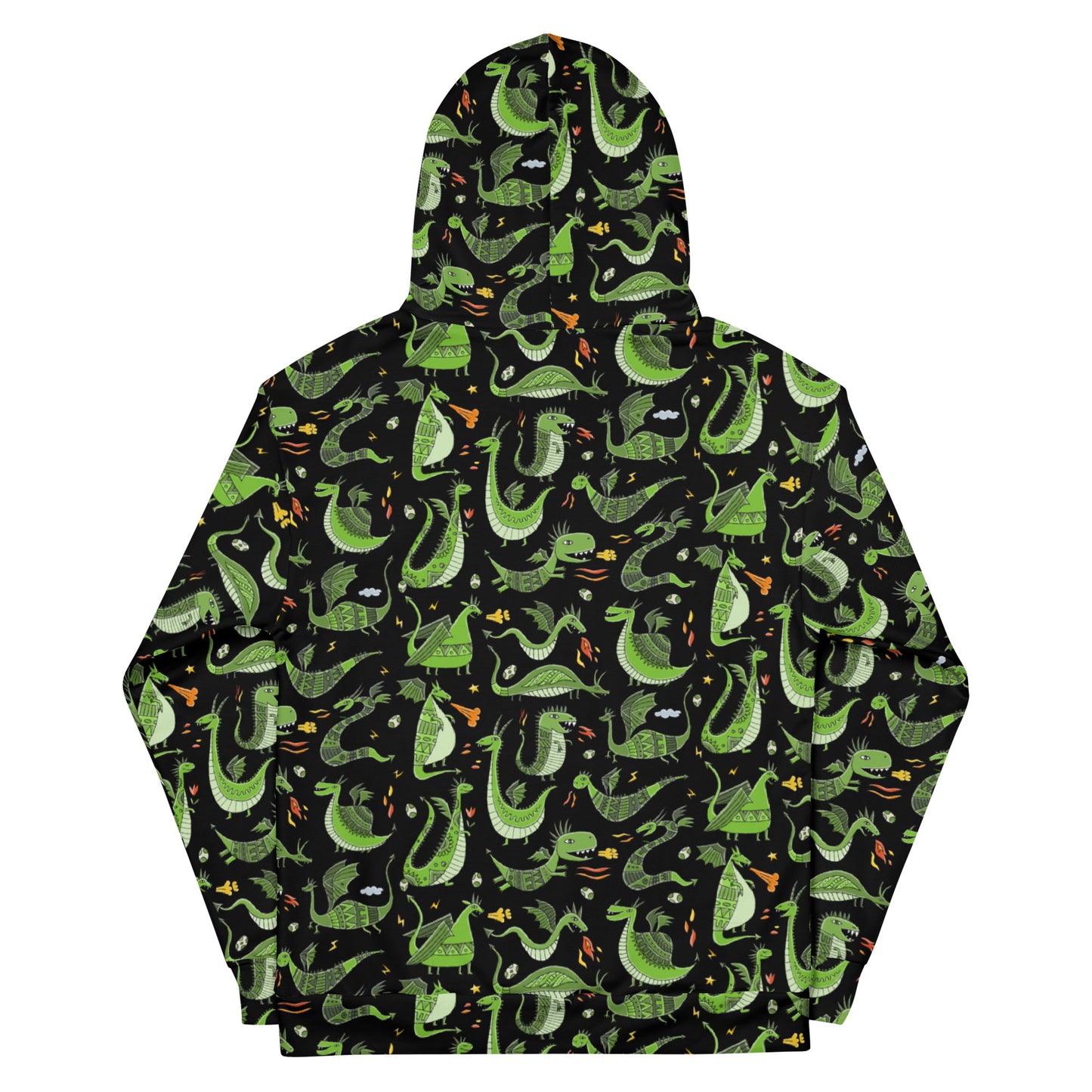 All over print Hoodie Unisex black color and red hood with Funny Green Dragons designer print - symbol of 2024. Back side