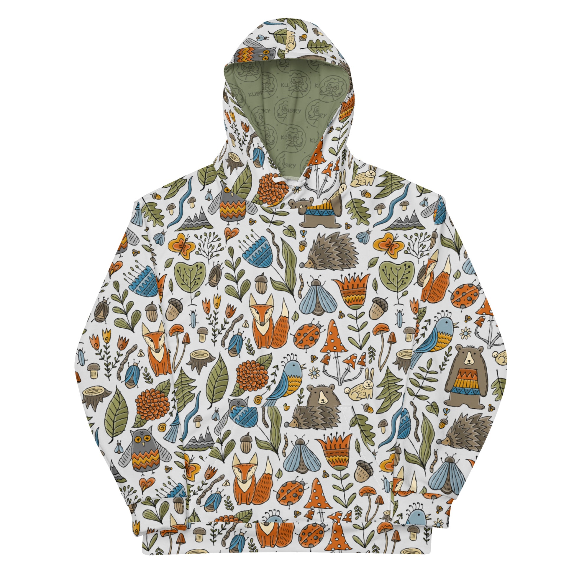 Artistic Designer Hoodie light gray background all over full print vintage style with magic world illustration of forest  - animals and birds flowers and nature bear fox owls butterflies hedgehog insects mashrooms and trees. Festival comfortable stylish wear trendy fashionable rare beautiful unique. Kudry