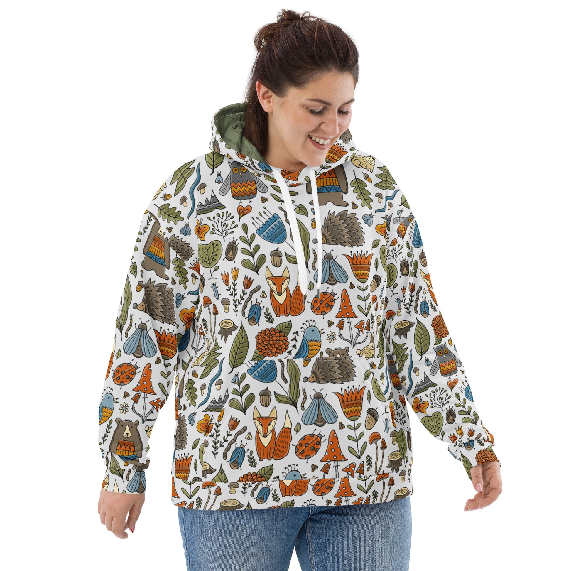 Woman wear in Artistic Designer Hoodie all over print vintage style with magic world illustration of forest - animals and birds flowers and nature bear fox owls butterflies hedgehog insects mashrooms and trees. Festival comfortable stylish wear trendy fashionable rare beautiful unique. Big size. Kudry