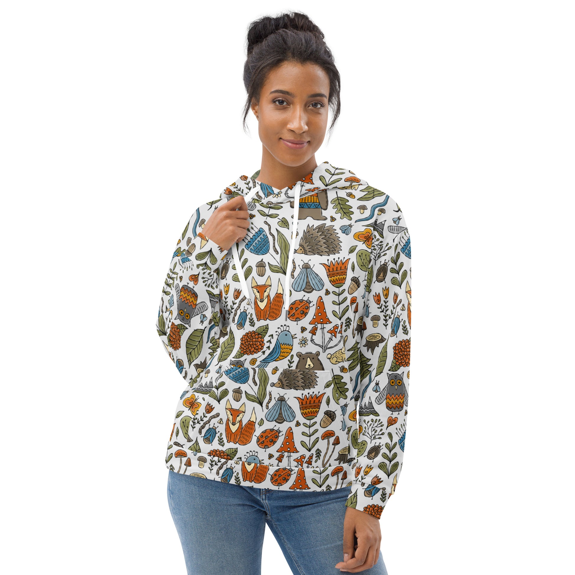 Woman wear in Artistic Designer Hoodie all over print vintage style with magic world illustration of forest - animals and birds flowers and nature bear fox owls butterflies hedgehog insects mashrooms and trees. Festival comfortable stylish wear trendy fashionable rare beautiful unique. Back side. Kudry
