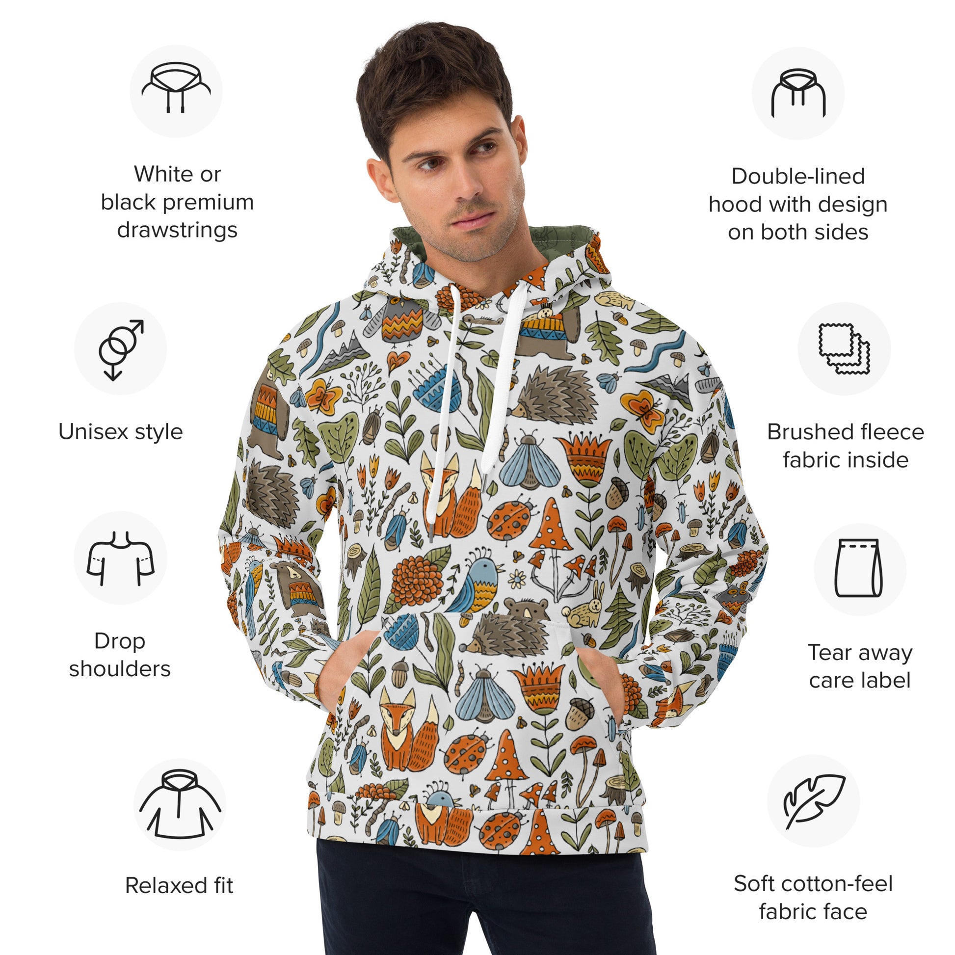 Man wear in Artistic Designer Hoodie all over print vintage style with magic world illustration of forest - animals and birds flowers and nature bear fox owls butterflies hedgehog insects mashrooms and trees. Festival comfortable stylish wear trendy fashionable rare beautiful unique. Back side. Kudry