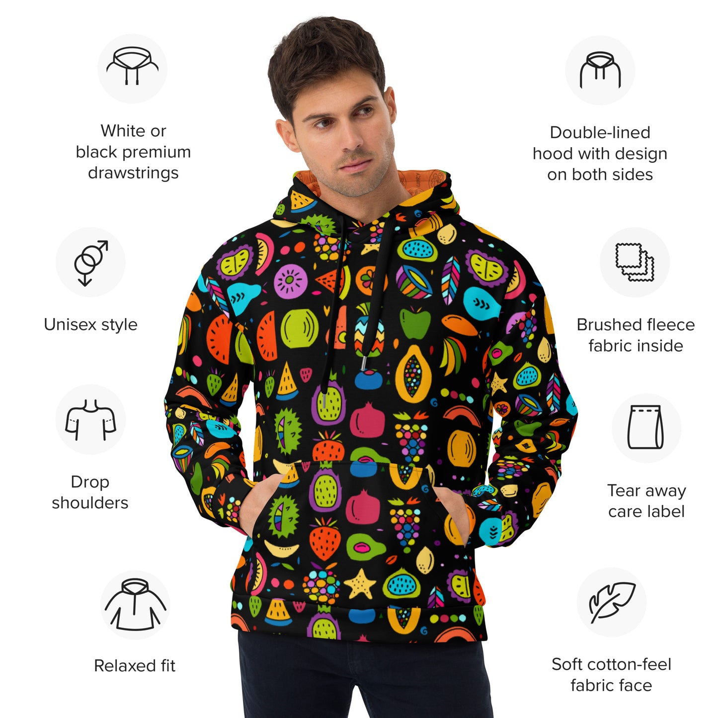 Man in Pomologist Unisex Hoodie black with colorful fruits