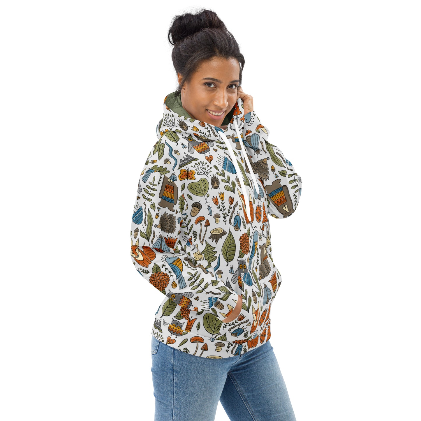 Woman wear in Artistic Designer Hoodie all over print vintage style with magic world illustration of forest  - animals and birds flowers and nature bear fox owls butterflies hedgehog insects mashrooms and trees. Festival comfortable stylish wear trendy fashionable rare beautiful unique. Back side. Kudry