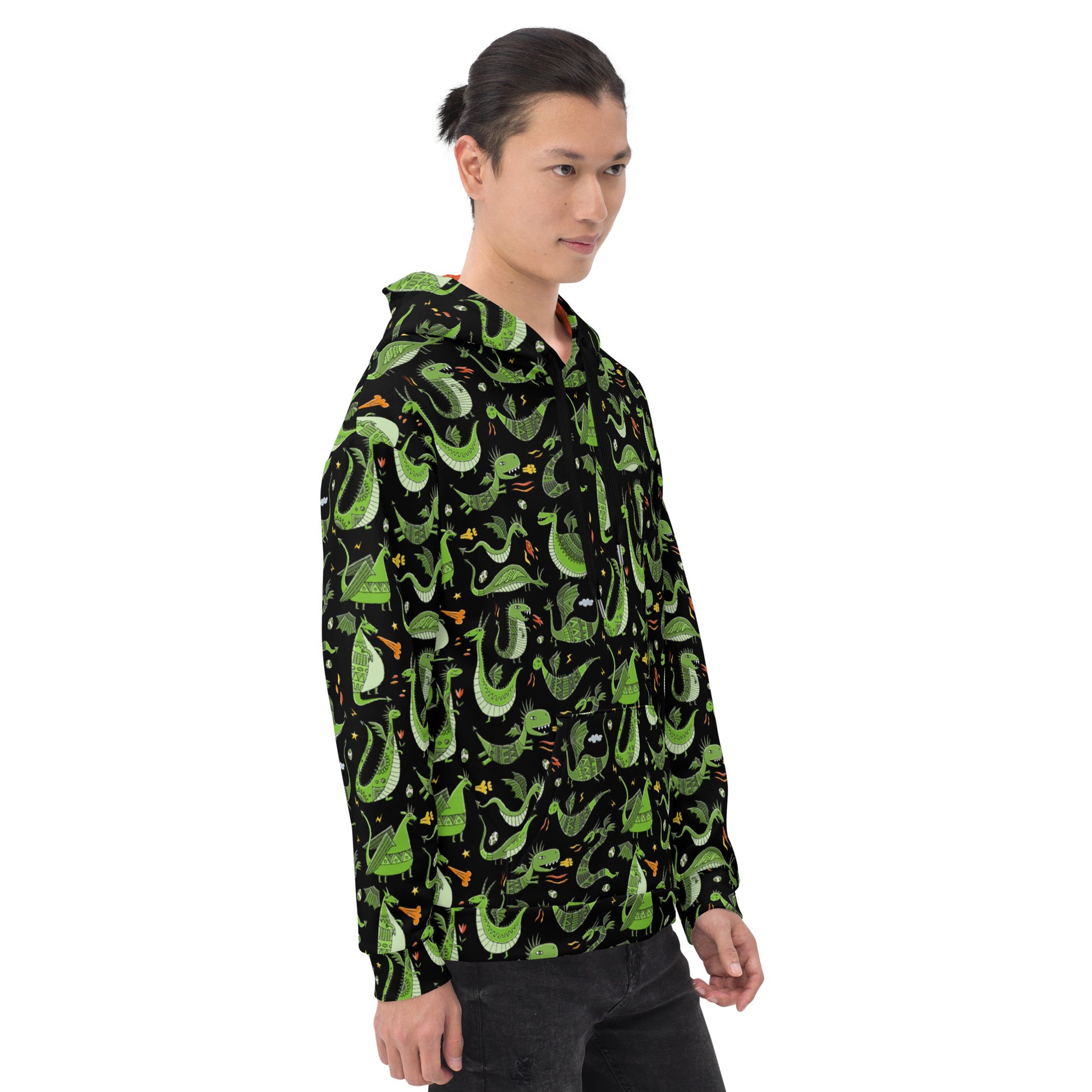 Men wearing in All over print Hoodie Unisex black color and red hood with Funny Green Dragons designer print - symbol of 2024