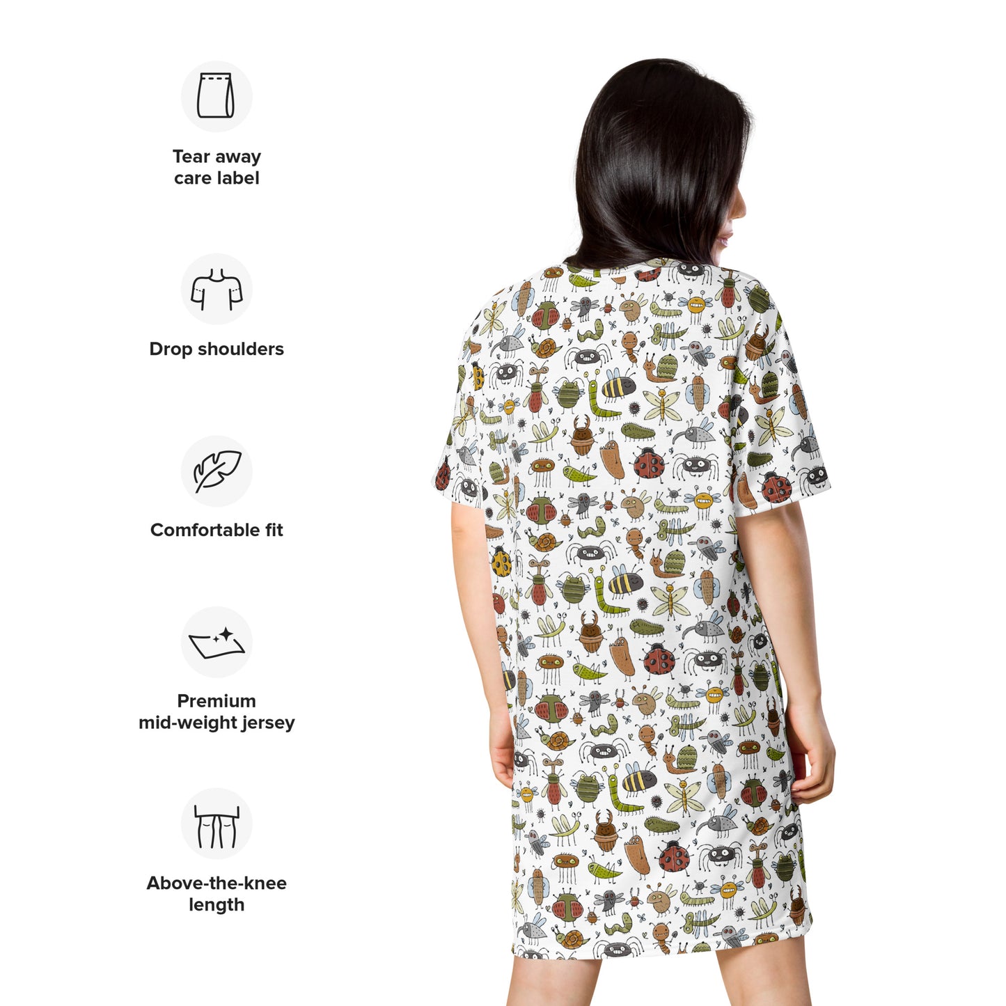 Female dress with funny insects designer print. Personalised text - Entomologist