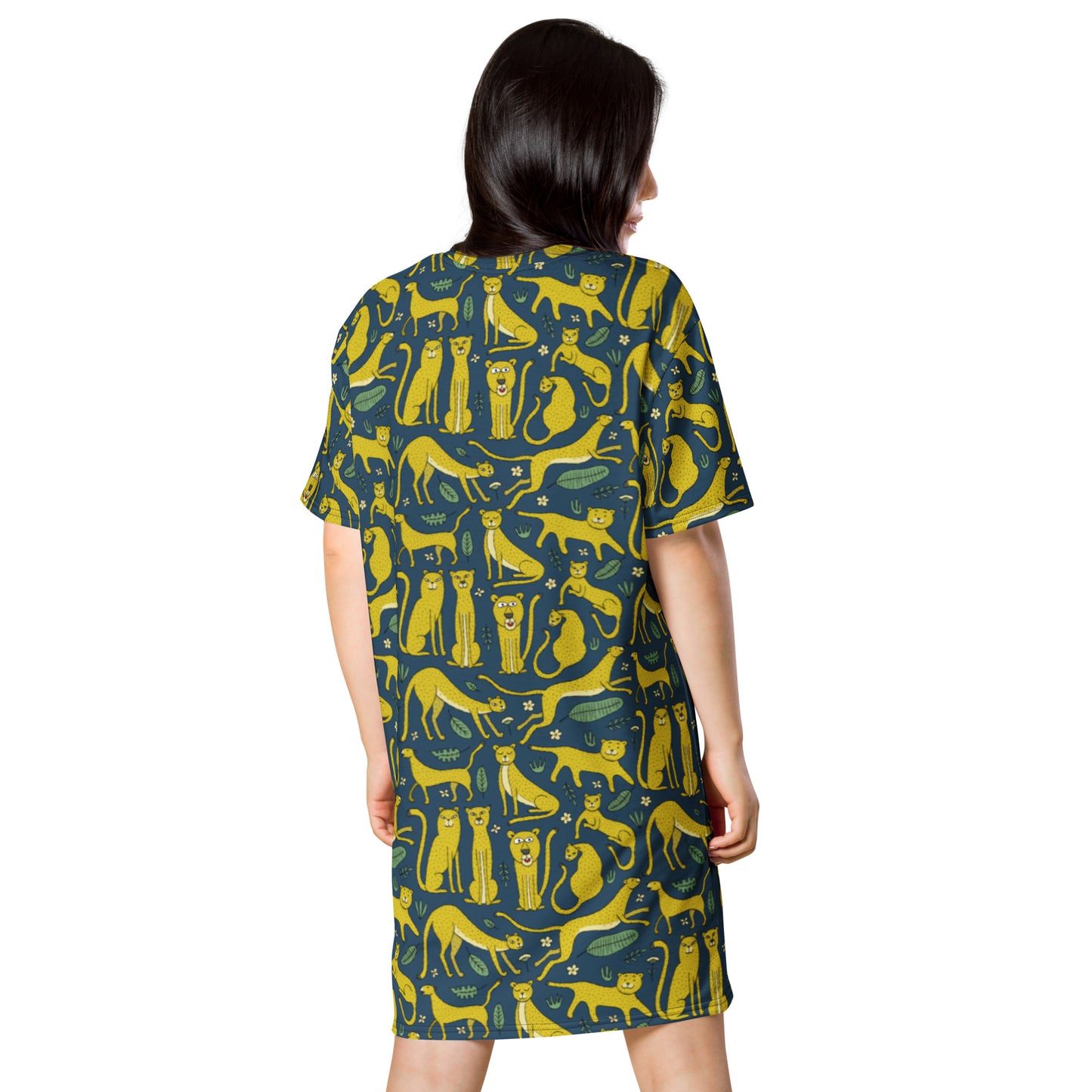 Woman in t-shirt dress dark blue color with funny yellow Leopards. Personalised text - Stay Wild. Back side