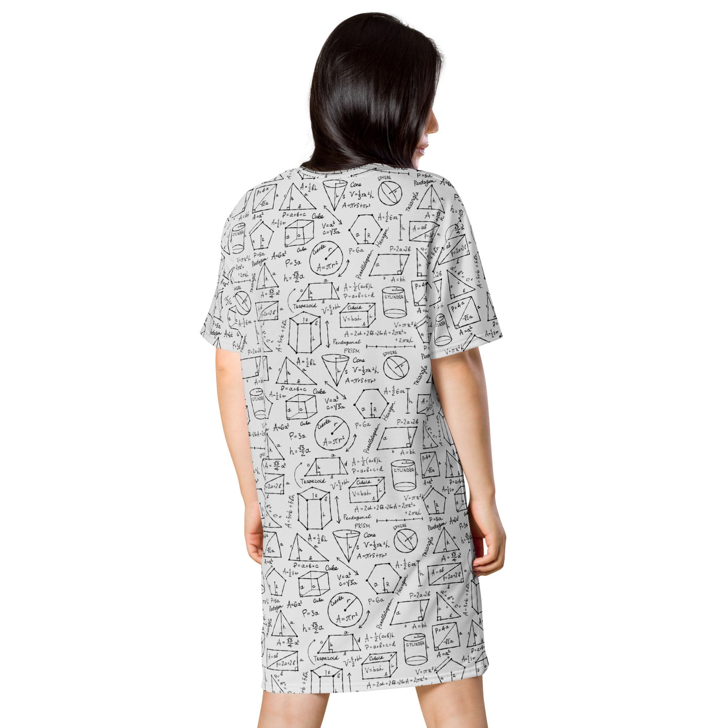 Personalised T-shirt dress light grey with Geometry Formulas. Basic text on dress - Geometry keeps you in shape. Back side