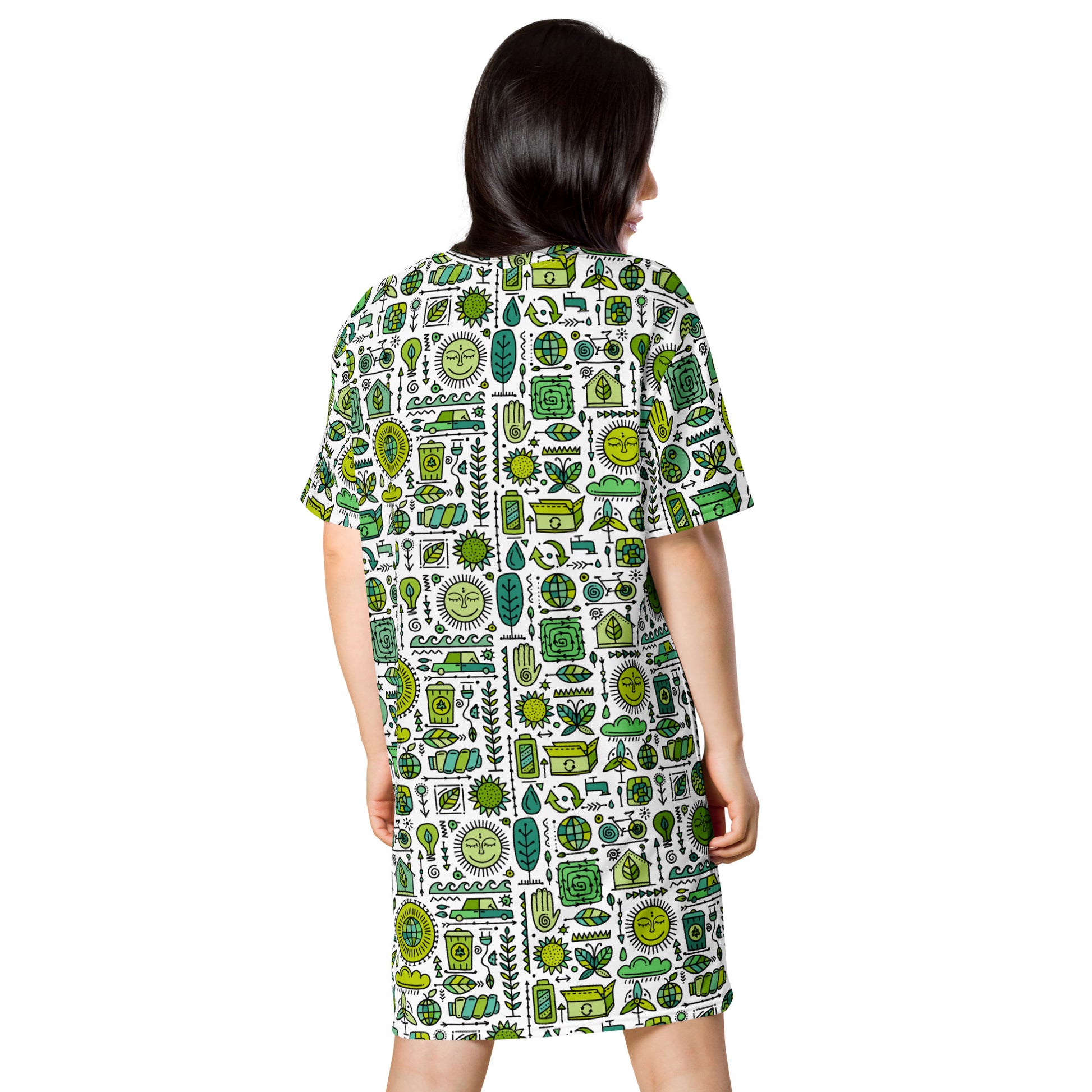 Woman in T-shirt dress white with green ecology symbols. Back side