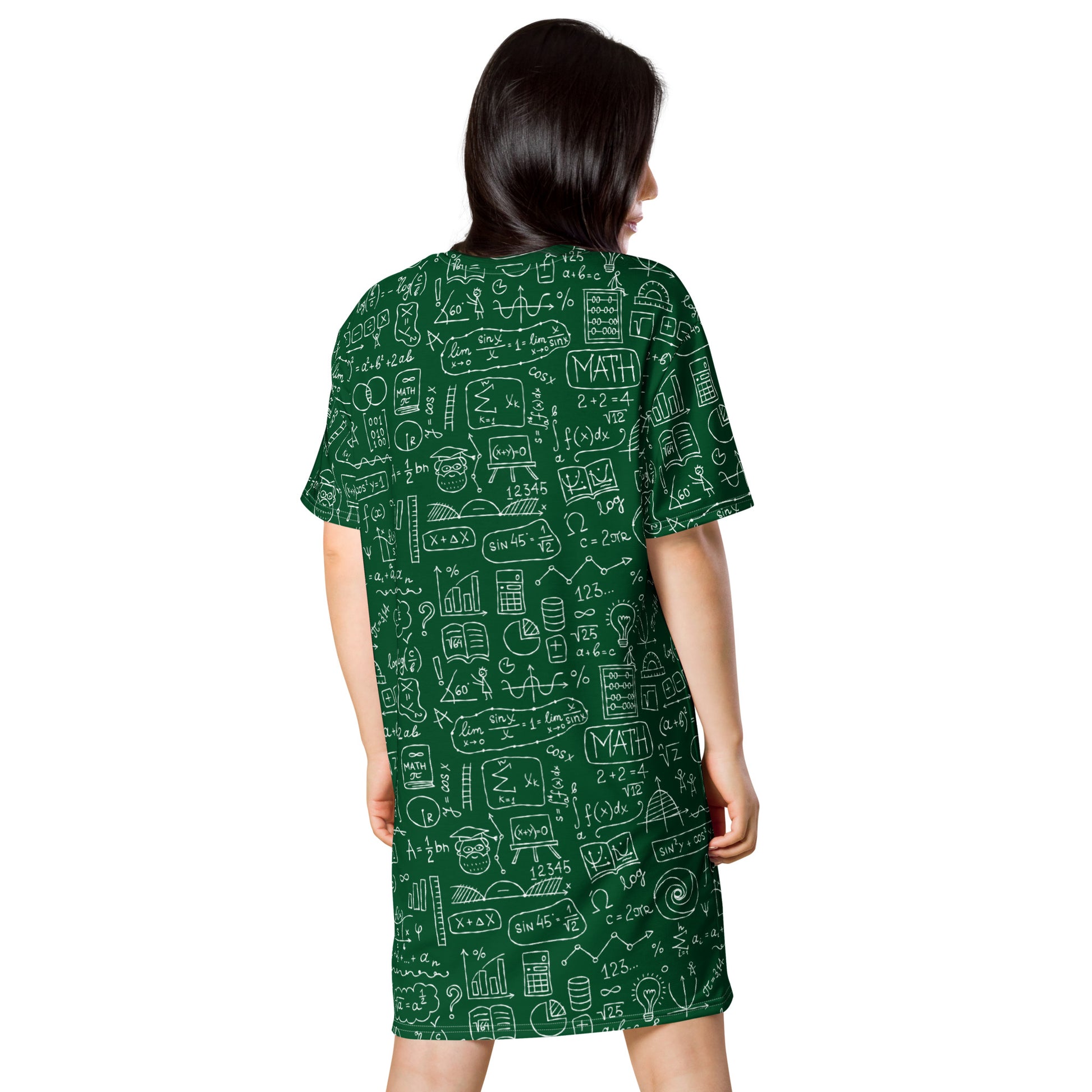 Woman in Personalised T-shirt dress with Math Formulas on dark green. Basic text on dress - Mathematician.  Back side