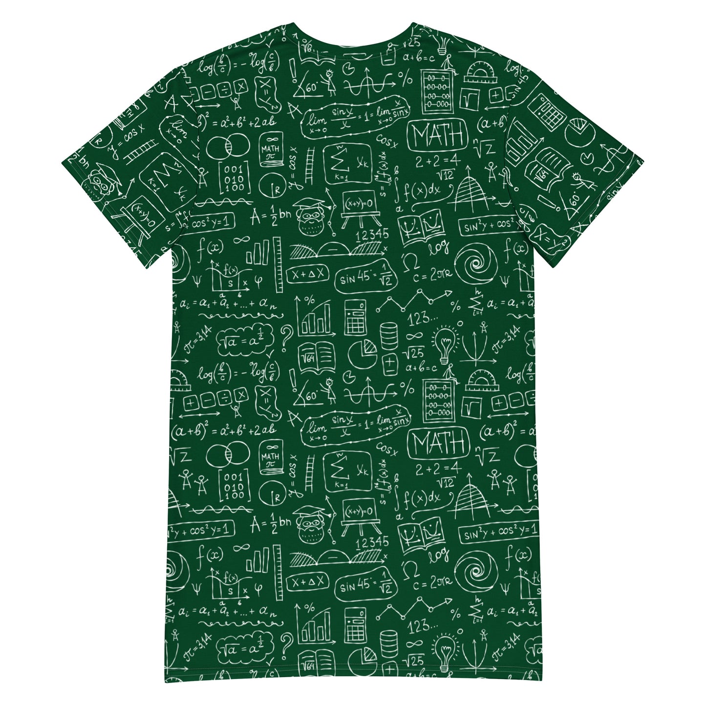 Personalised T-shirt dress with Math Formulas on dark green. Basic text on dress - Mathematician. Back side