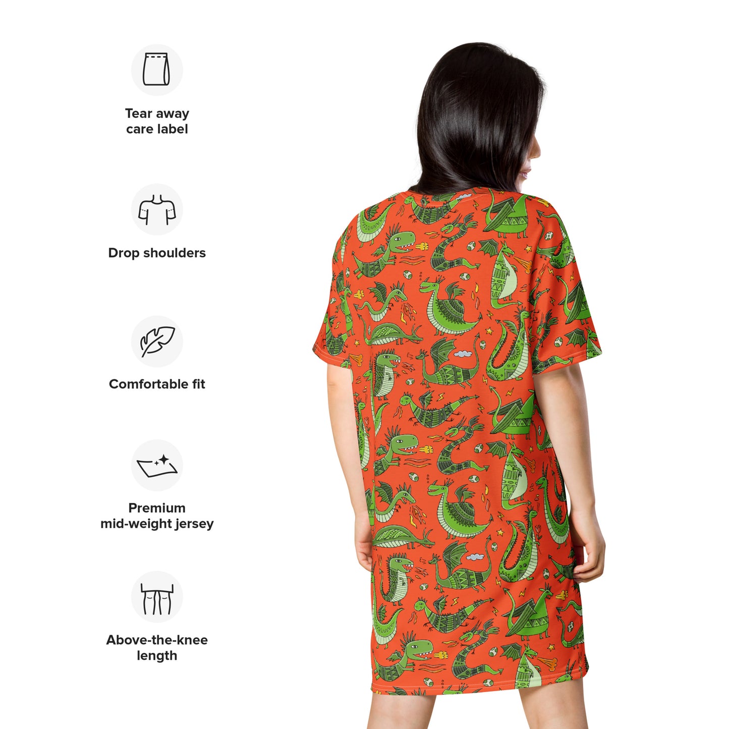 Woman in T-shirt dress personalised with funny green dragons on red. Basic text - Mother of Dragons. Back side