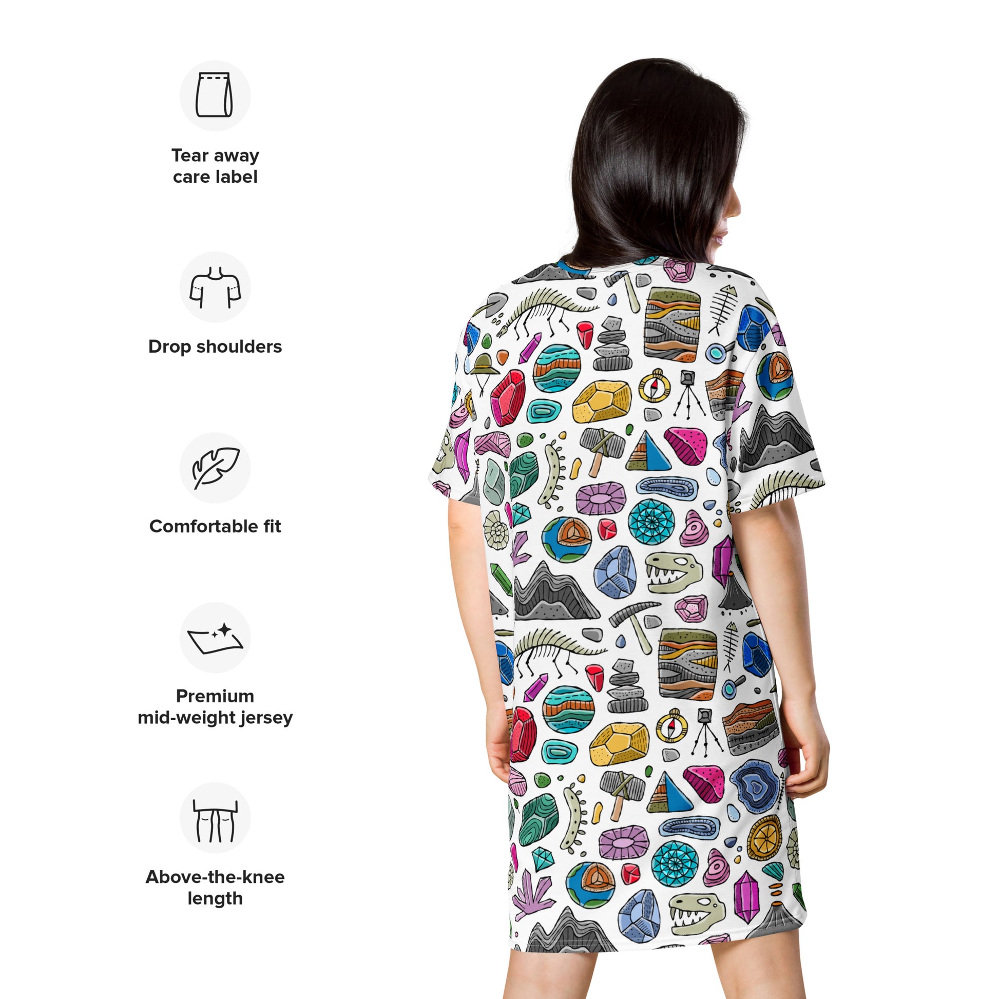 Woman in geology-themed bright personalised T-shirt dress. Back side