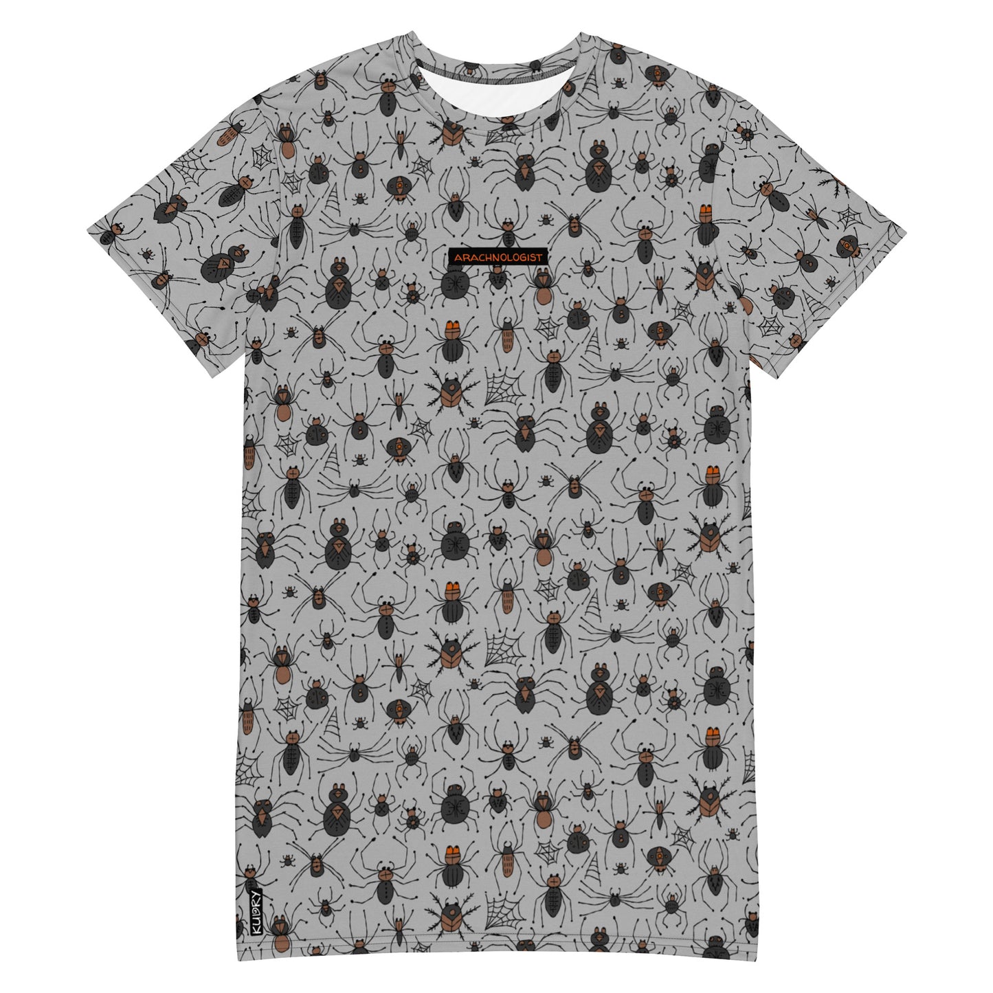 T-shirt dress grey color with funny Spiders and personalised text. Basic text - Arachnology