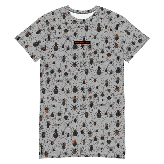 T-shirt dress grey color with funny Spiders and personalised text. Basic text - Arachnology