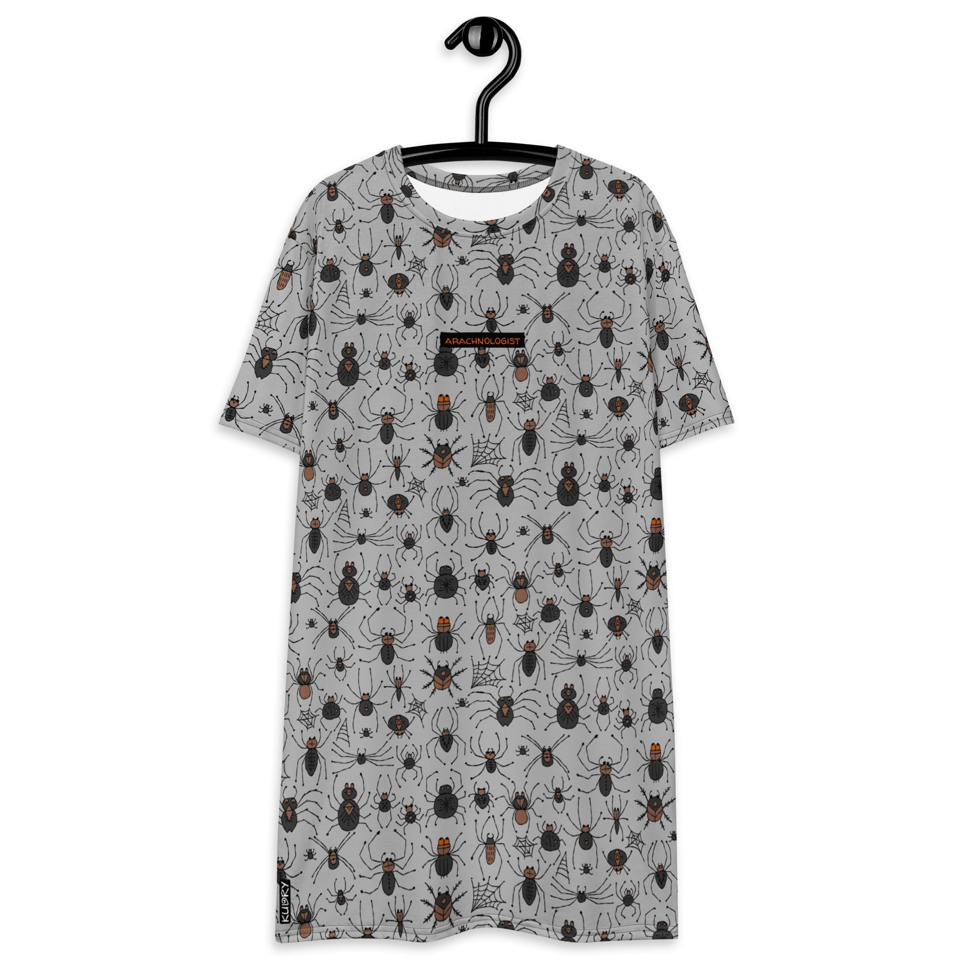 Pretty Woman in t-shirt dress grey color with funny Spiders and personalised text. Basic text - Arachnology