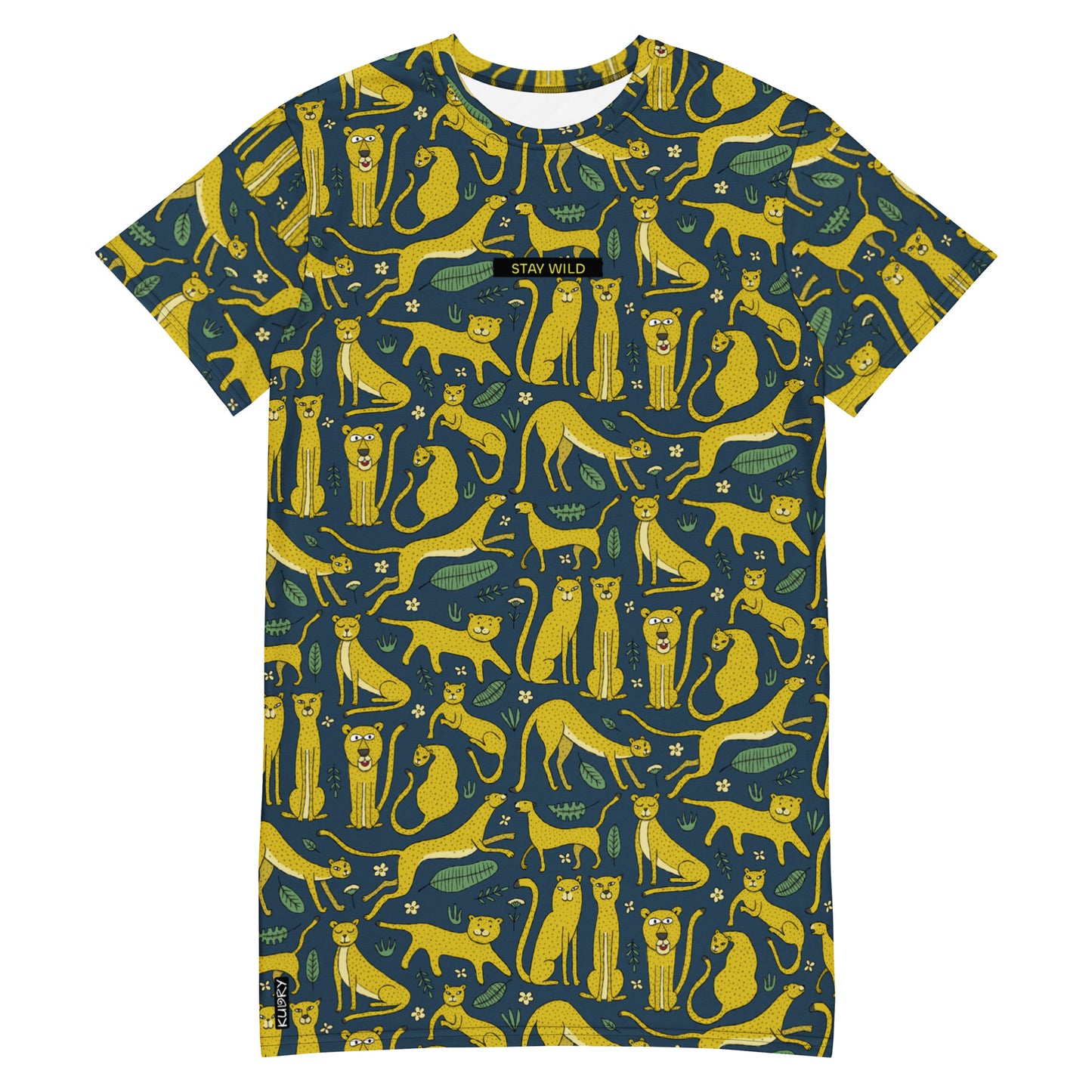 T-shirt dress dark blue color with funny yellow Leopards. Personalised text - Stay Wild