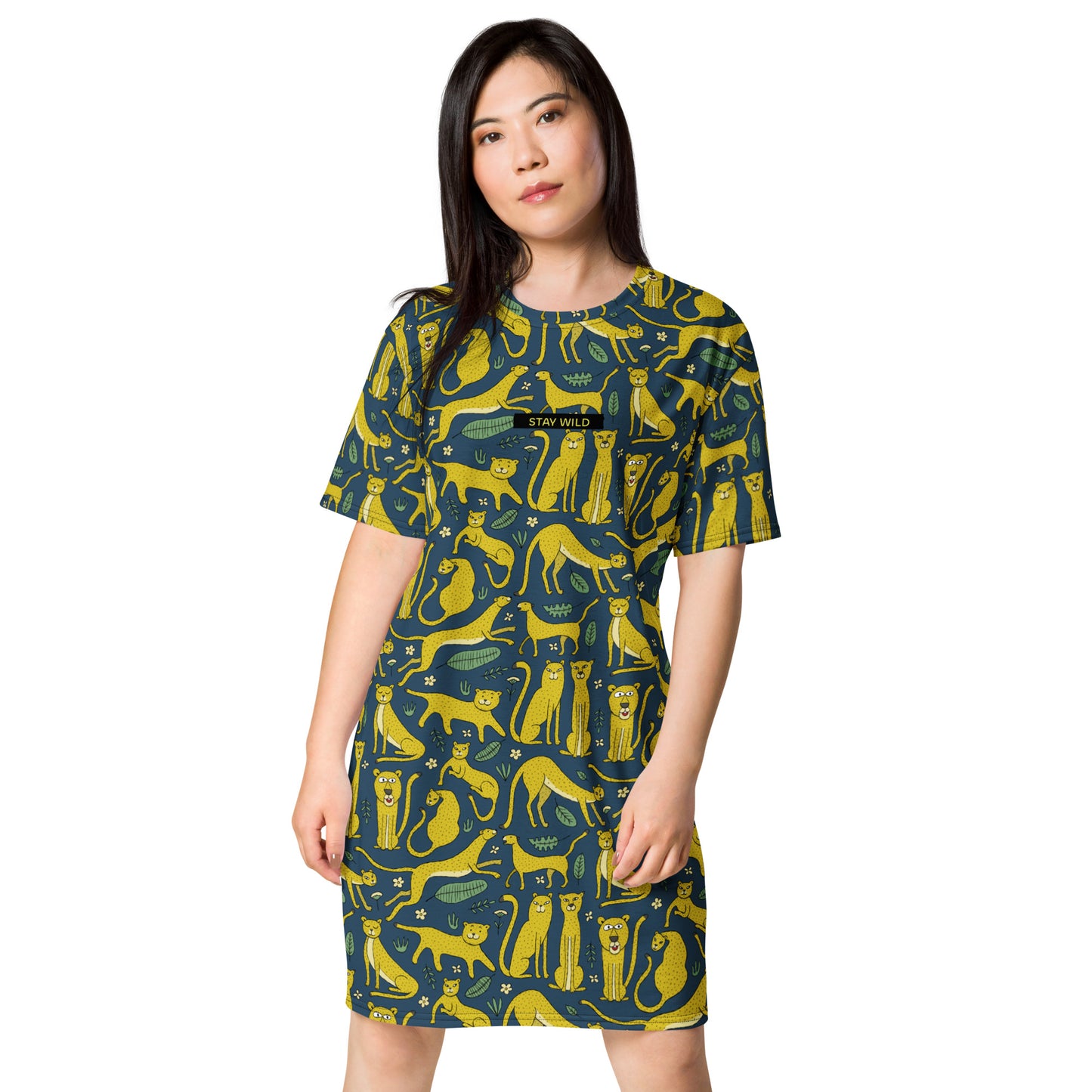 Woman in t-shirt dress dark blue color with funny yellow Leopards. Personalised text - Stay Wild