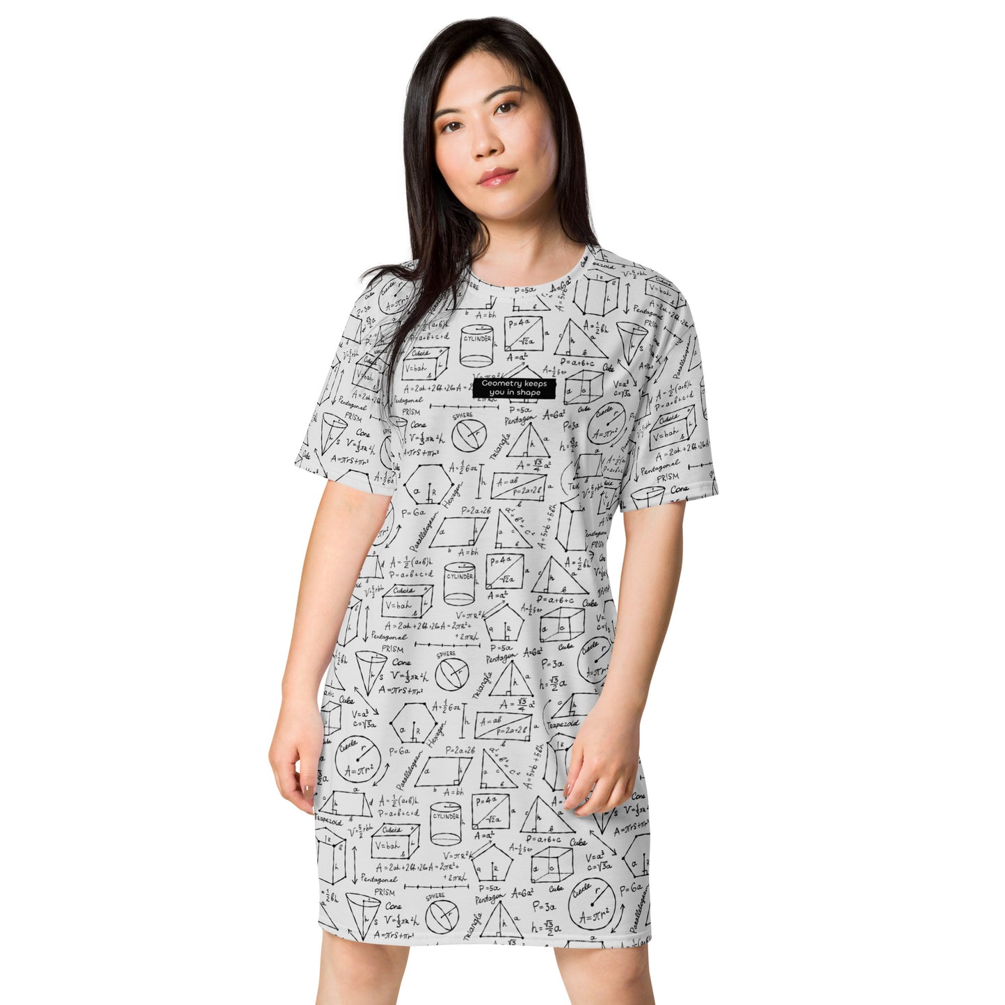 Woman in Personalised T-shirt dress light grey with Geometry Formulas. Basic text on dress - Geometry keeps you in shape