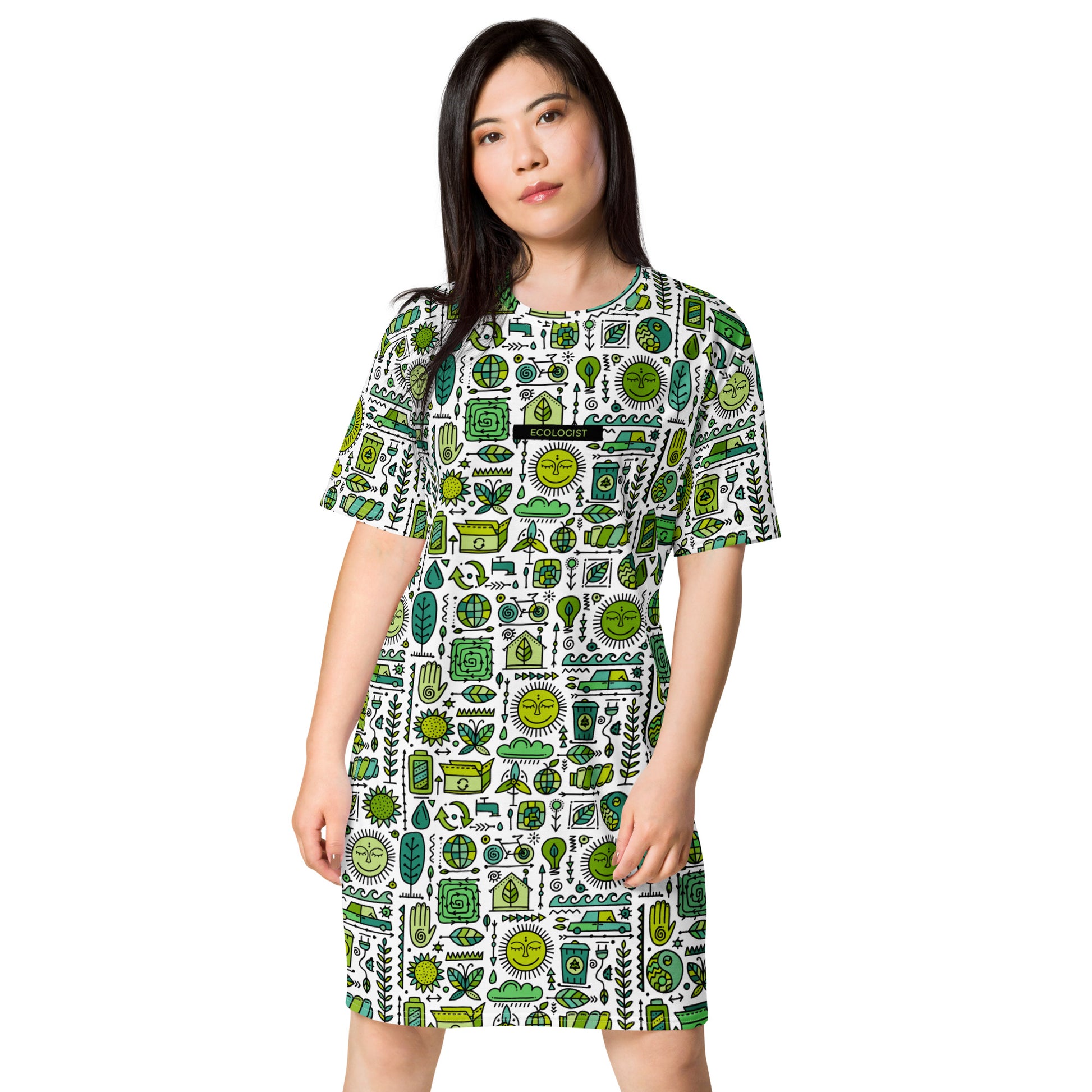 Woman in T-shirt dress white with green ecology symbols. Personalised text - Ecologist