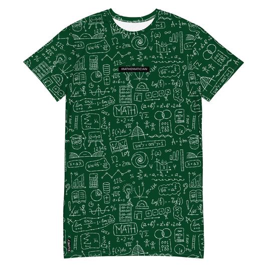 Personalised T-shirt dress with Math Formulas on dark green. Basic text on dress - Mathematician. 