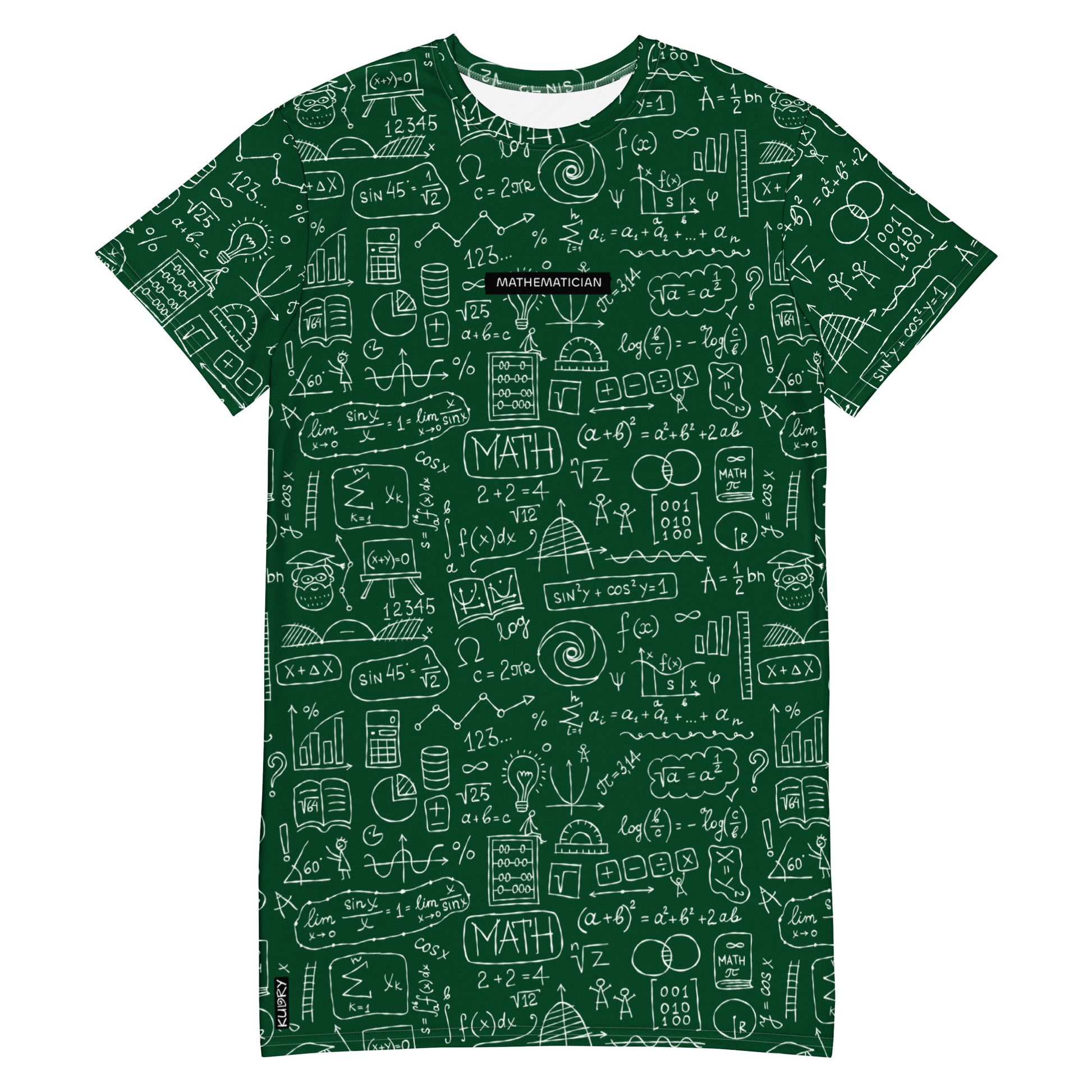 Personalised T-shirt dress with Math Formulas on dark green. Basic text on dress - Mathematician. 