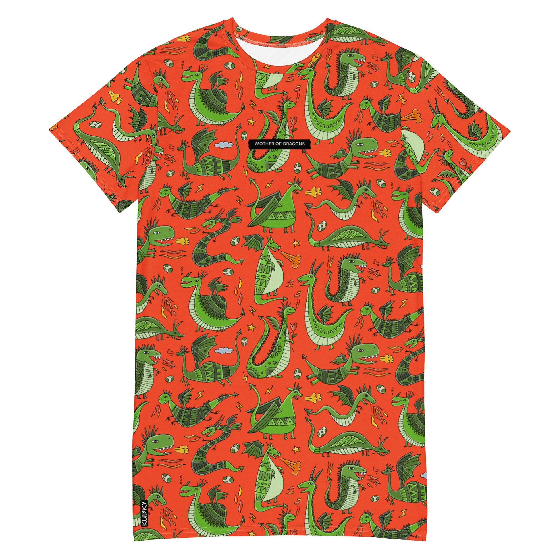 T-shirt dress personalised with funny green dragons on red. Basic text - Mother of Dragons