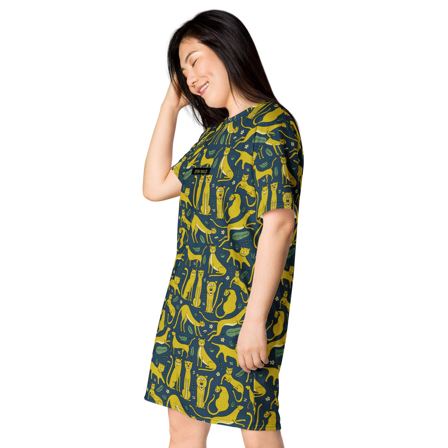 Woman in t-shirt dress dark blue color with funny yellow Leopards. Personalised text - Stay Wild
