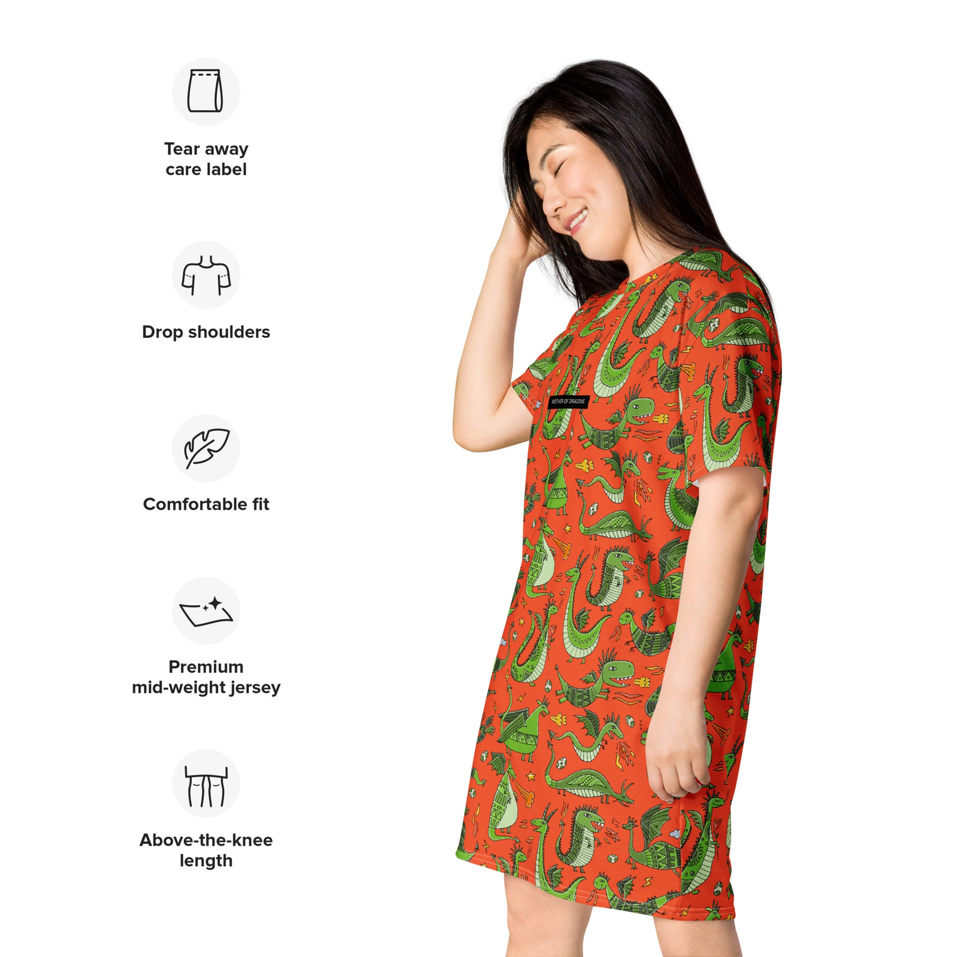 Woman in T-shirt dress personalised with funny green dragons on red. Basic text - Mother of Dragons. Left side