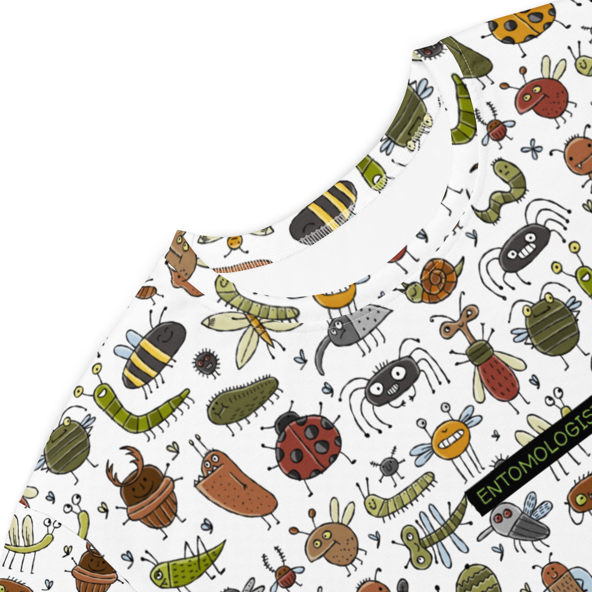 Сlose-up of Female dress white with funny insects designer print colorful. Personalised text - Entomologist. 