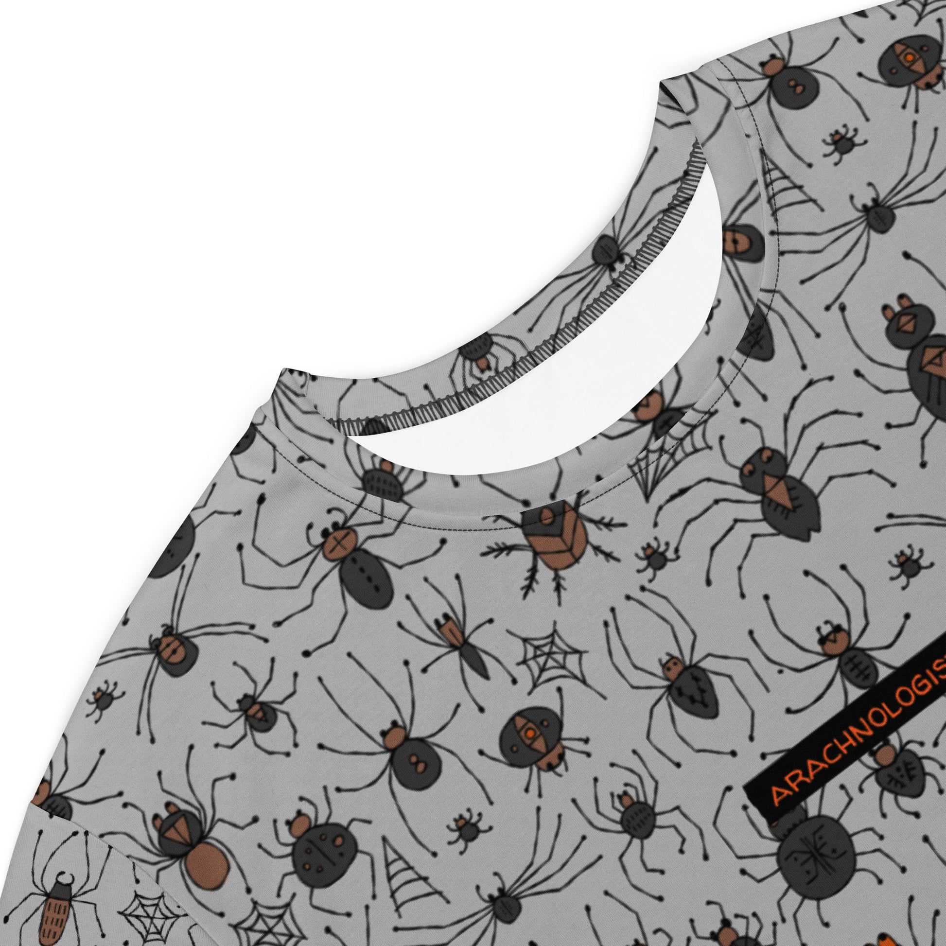 Close-Up T-shirt dress grey color with funny Spiders and personalised text. Basic text - Arachnology