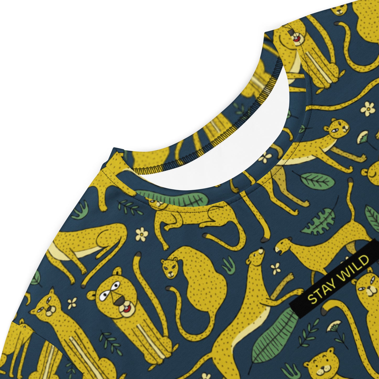 Close-up t-shirt dress dark blue color with funny yellow Leopards. Personalised text - Stay Wild