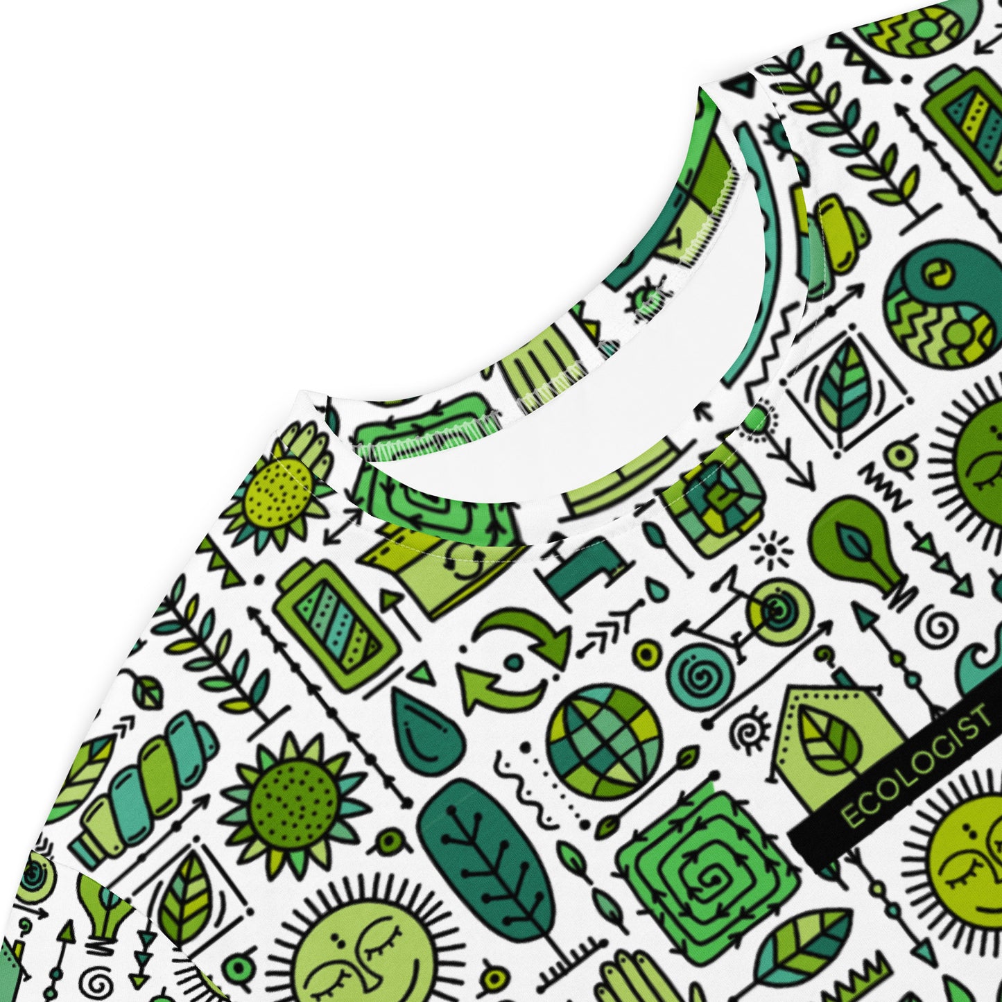 Close-Up - T-shirt dress white with green ecology symbols. Personalised text - Ecologist