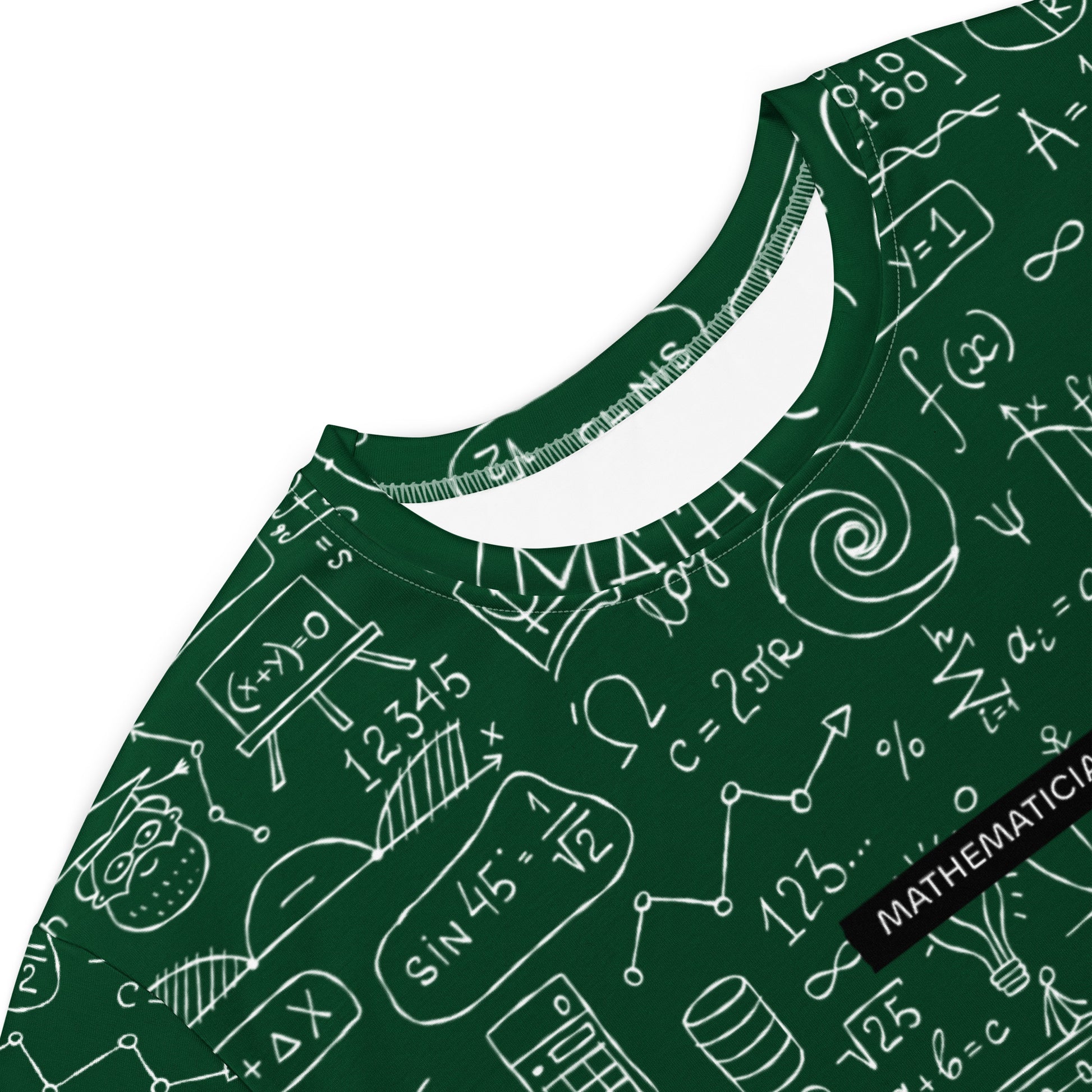 Personalised T-shirt dress with Math Formulas on dark green. Basic text on dress - Mathematician. Close up