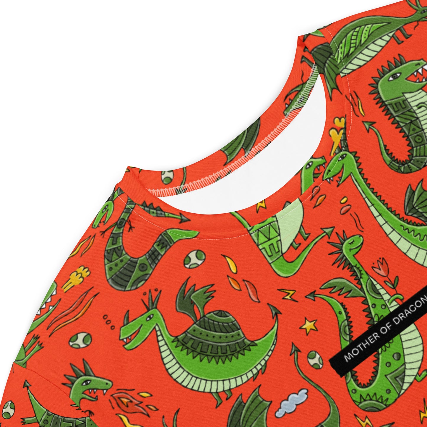 T-shirt dress personalised with funny green dragons on red. Basic text - Mother of Dragons. Close Up