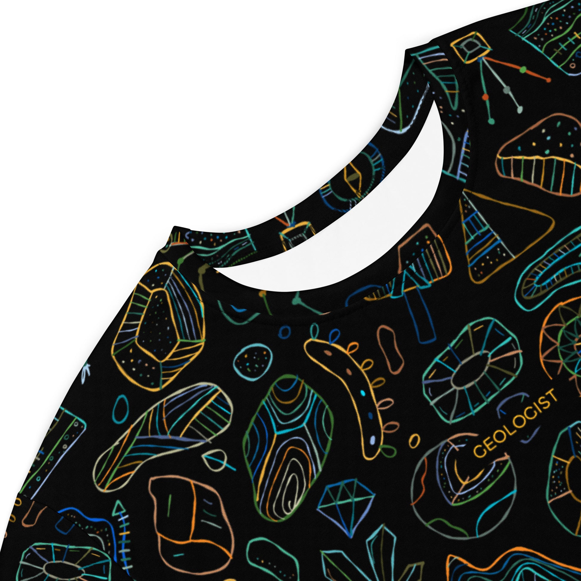 Woman in geology-themed black personalised T-shirt dress. Close Up