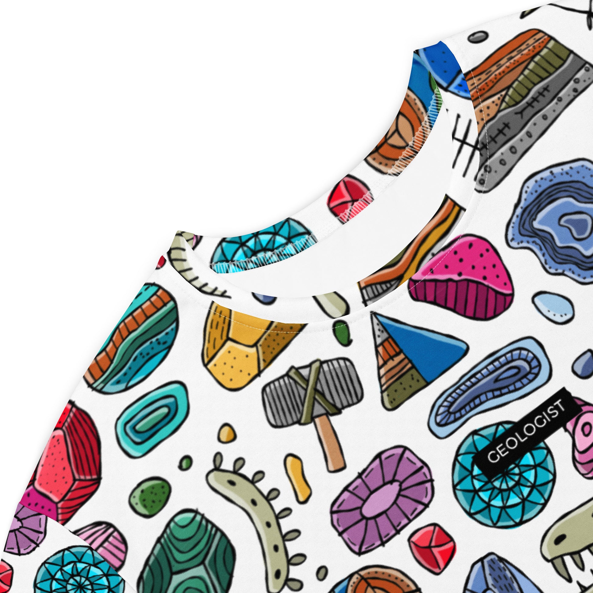 Geology-themed bright personalised T-shirt dress. Close up