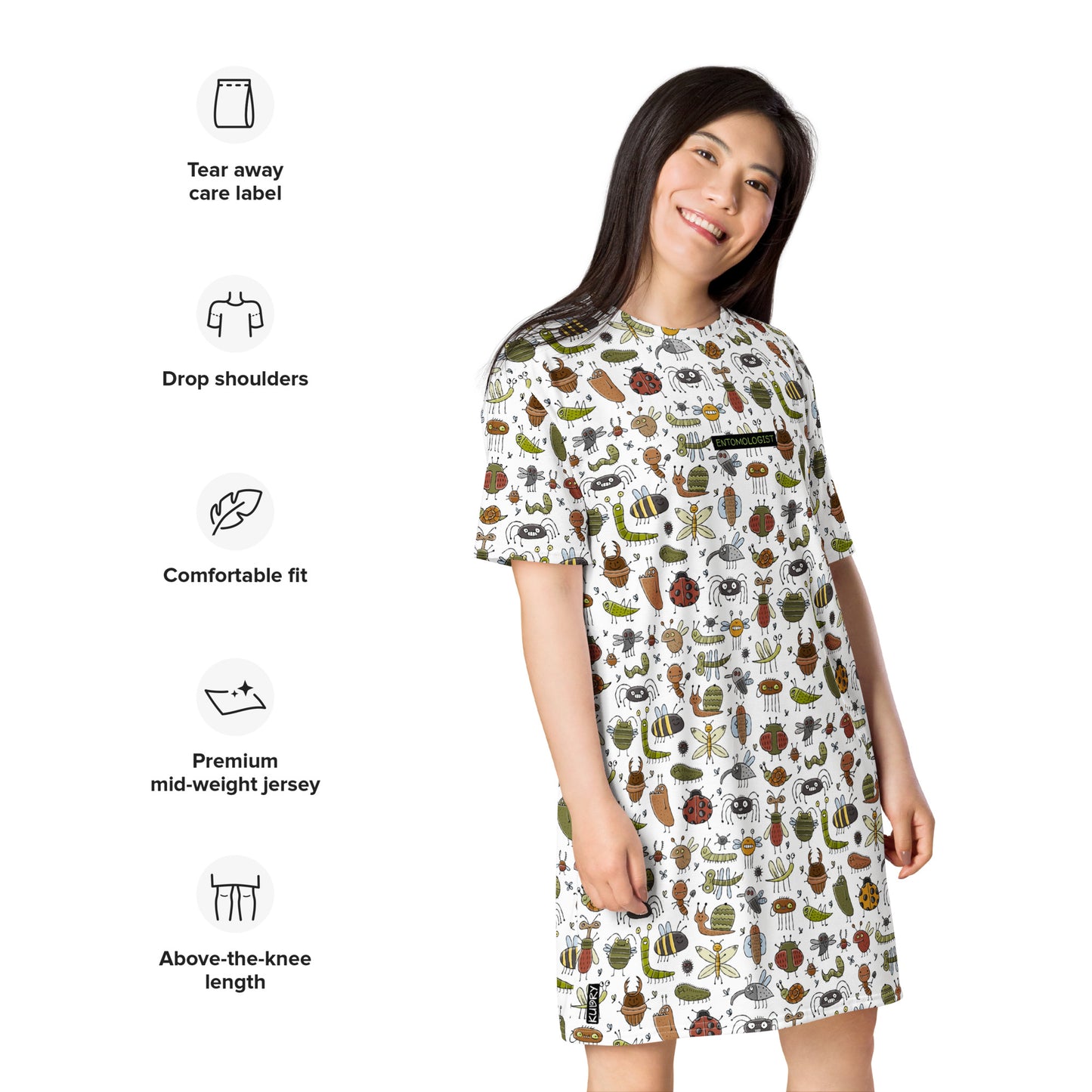 Woman in dress white with funny insects designer print colorful. Personalised text - Entomologist