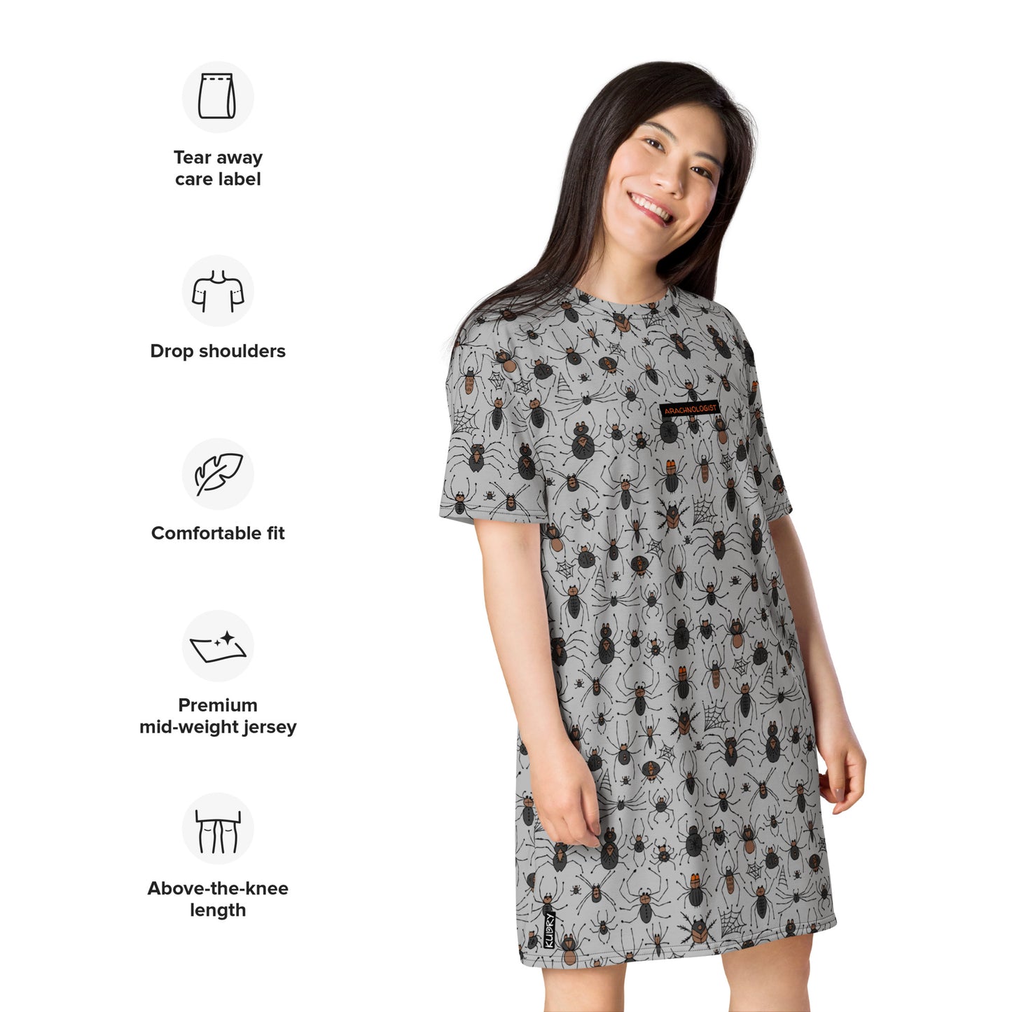 Pretty Woman in t-shirt dress grey color with funny Spiders and personalised text. Basic text - Arachnology