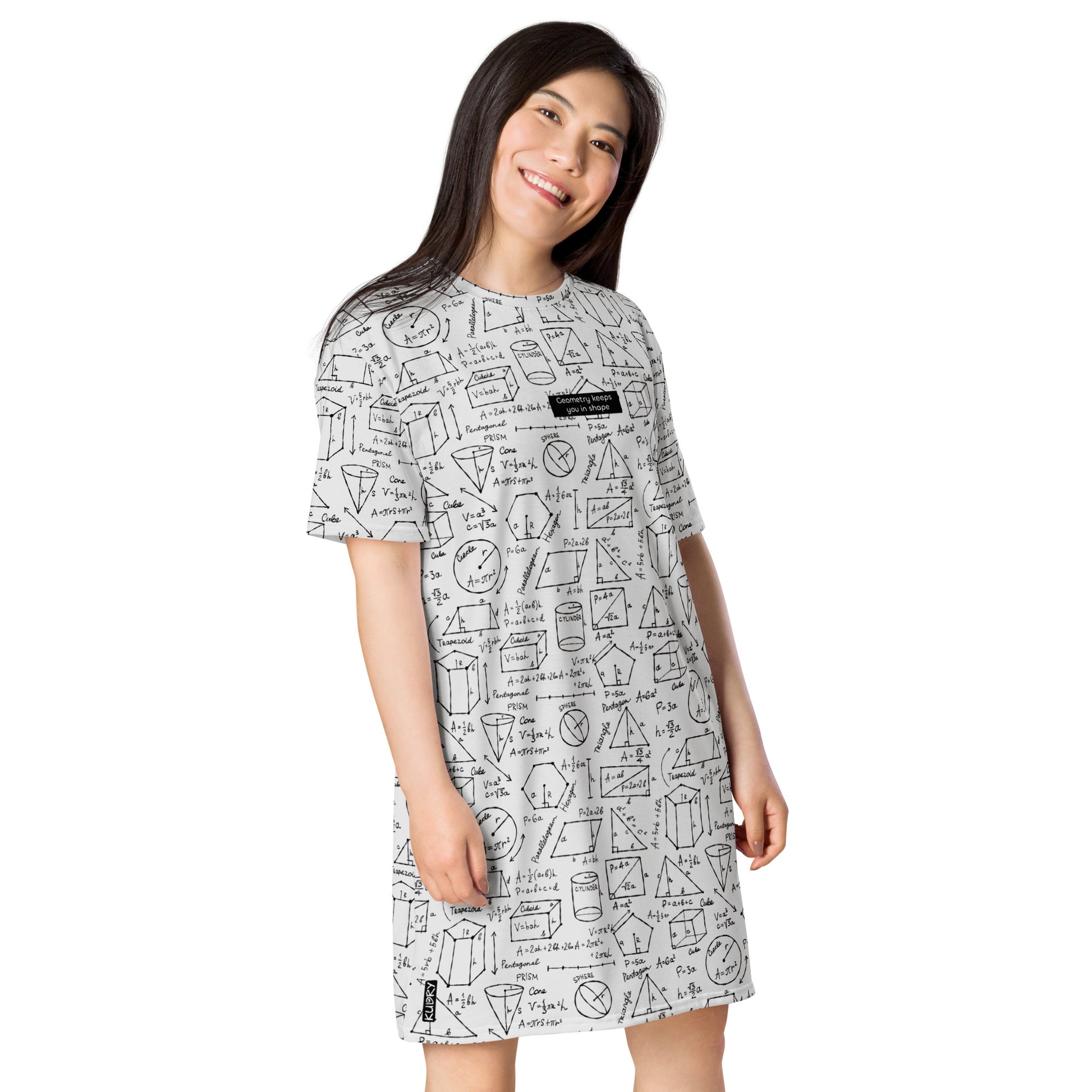 Smiling woman in Personalised T-shirt dress light grey with Geometry Formulas. Basic text on dress - Geometry keeps you in shape
